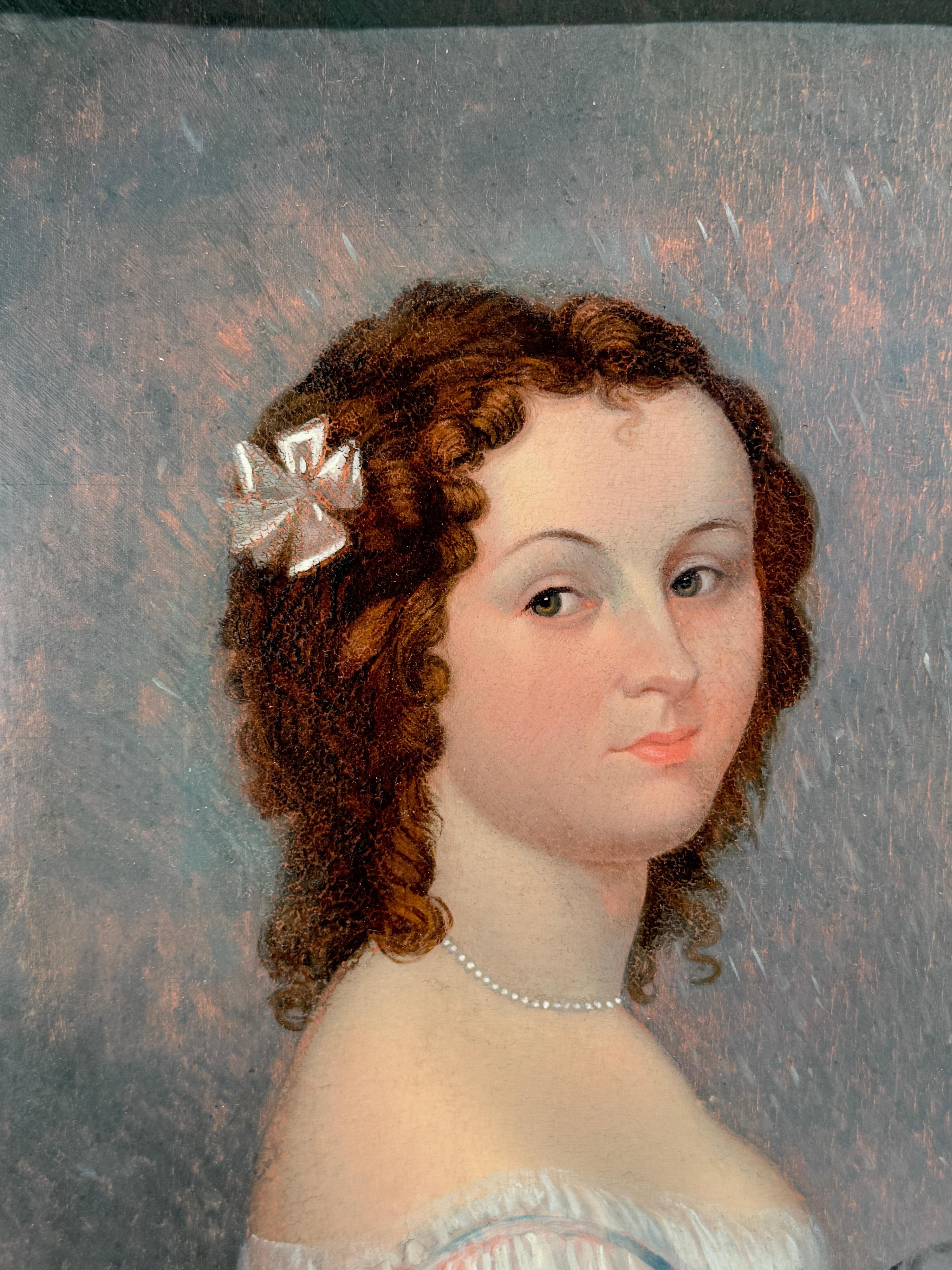 American or French Folk Art, Portrait of a Lady with a Dove, Early 19th Century For Sale 3