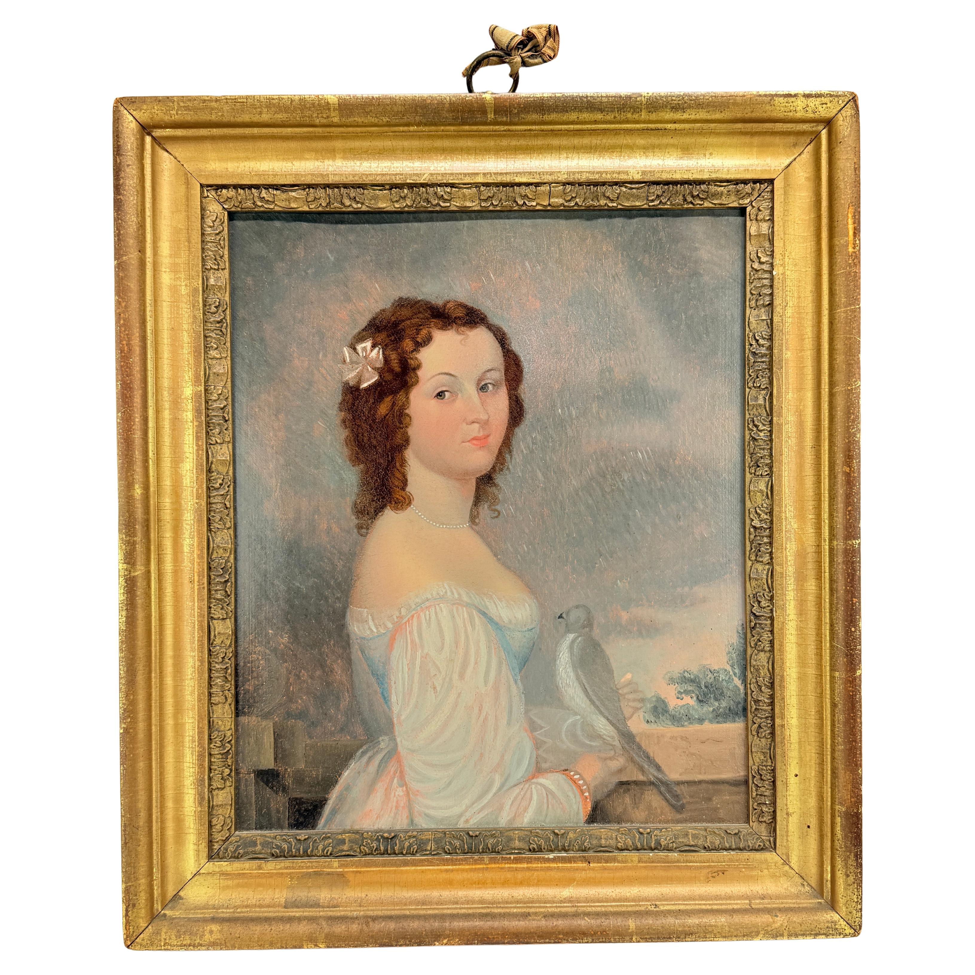 American or French Folk Art, Portrait of a Lady with a Dove, Early 19th Century For Sale