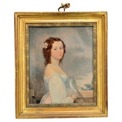 American or French Folk Art, Portrait of a Lady with a Dove, Early 19th Century