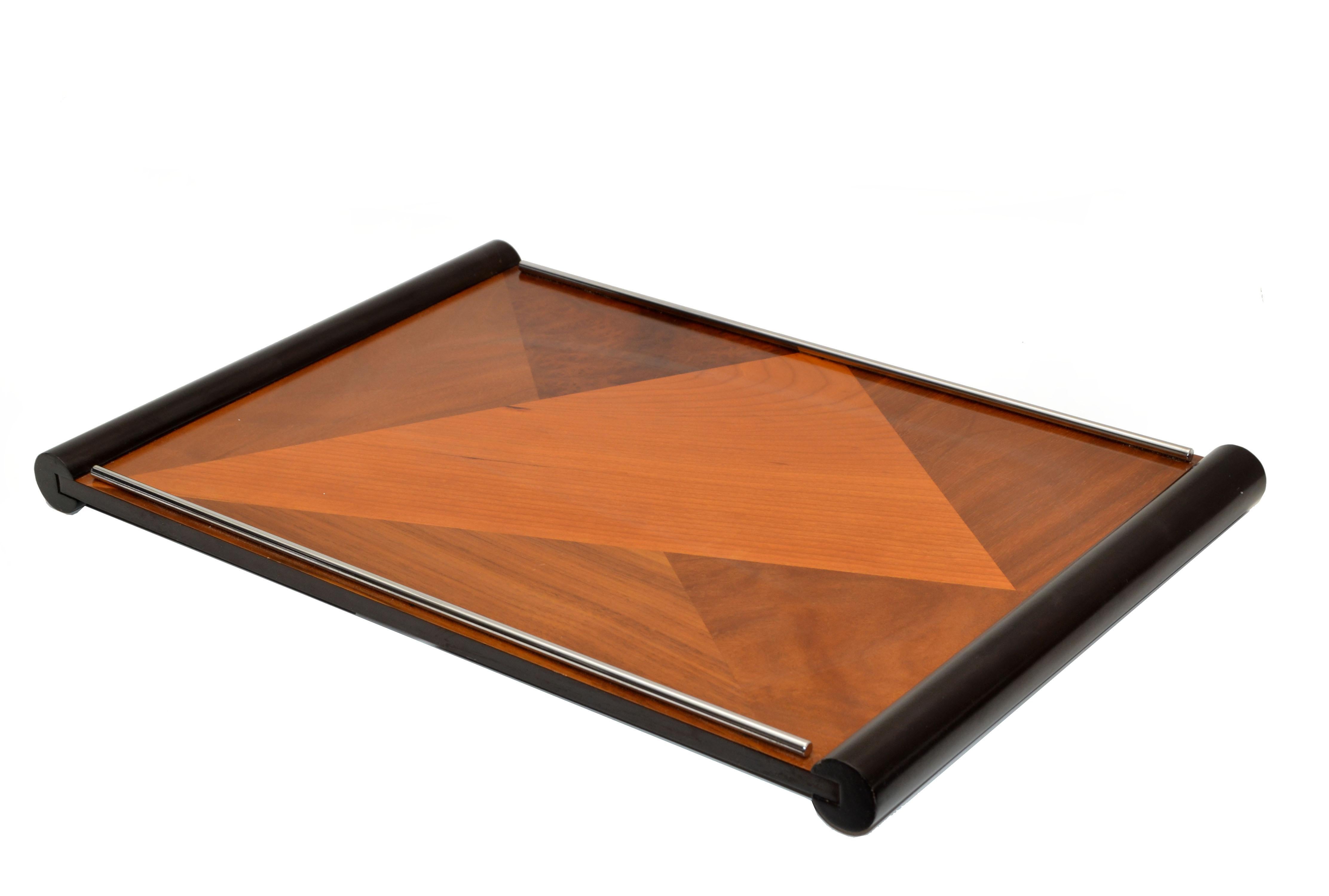 American Organic Modern Handcrafted Hardwood Marquetry Decorative Serving Tray For Sale 5