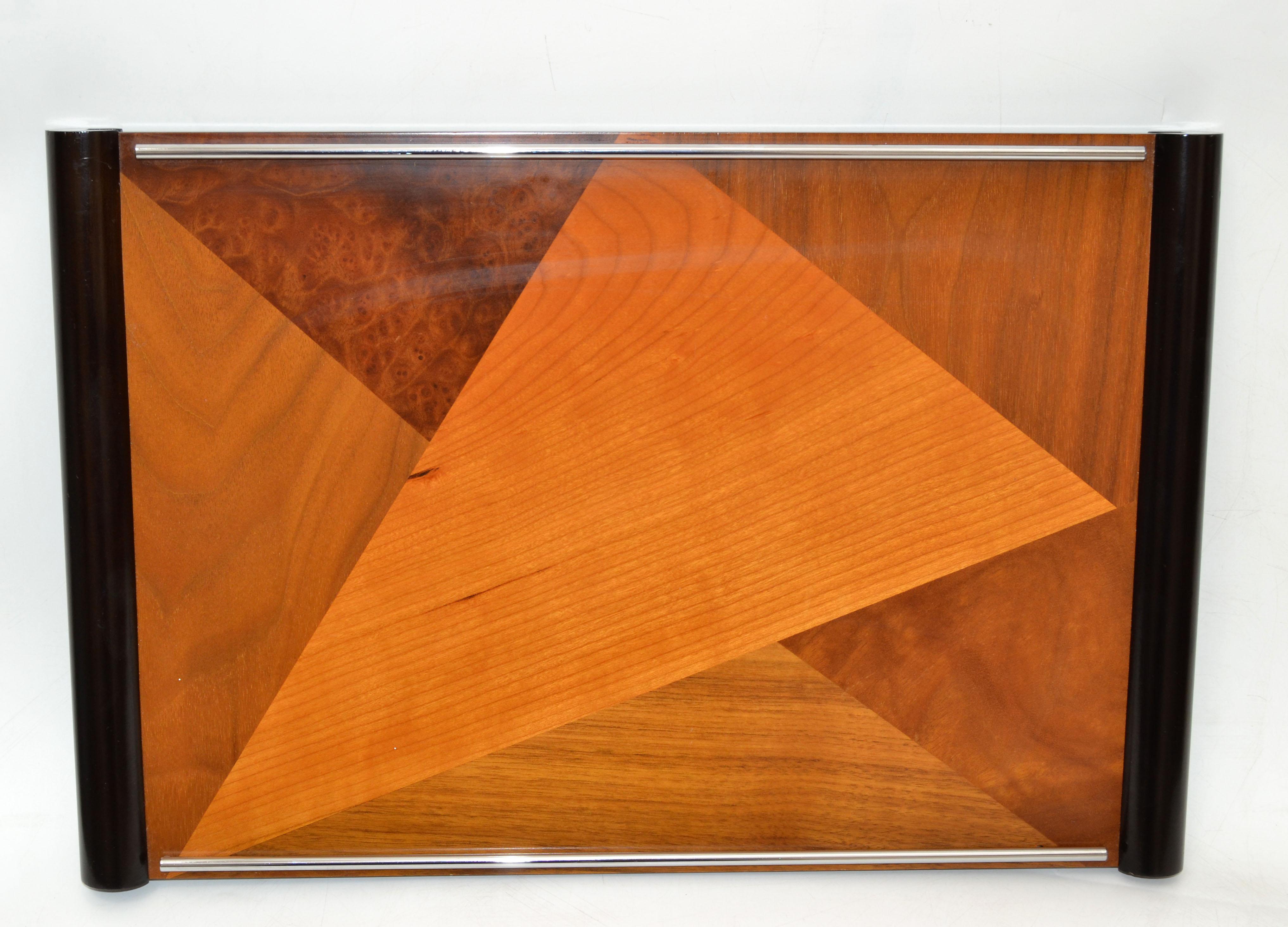 American organic modern handcrafted Marquetry hardwood & Chrome decorative serving tray or centerpiece with a finish.
Note the beautiful wood grain.

