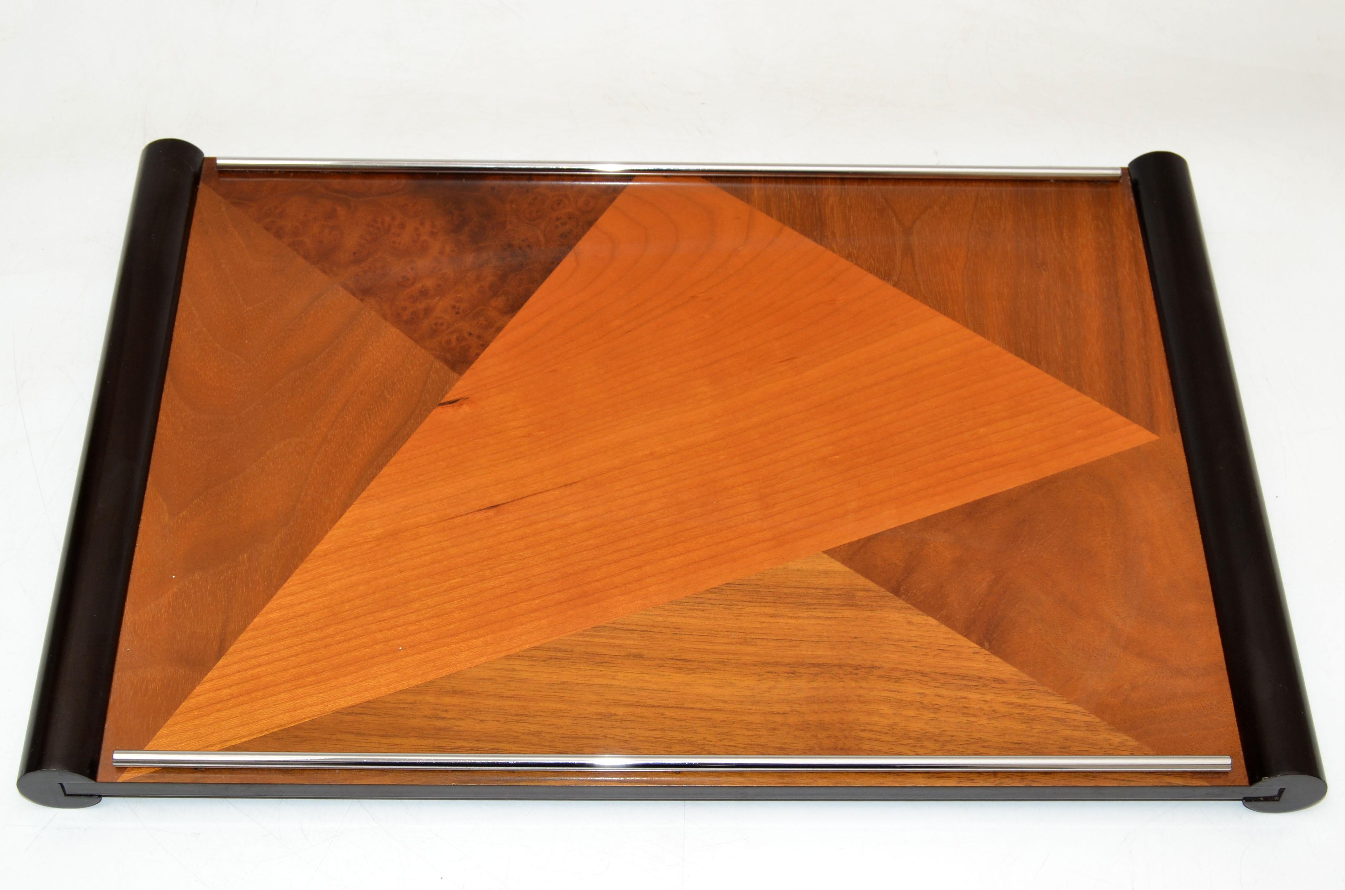 Chrome American Organic Modern Handcrafted Hardwood Marquetry Decorative Serving Tray For Sale