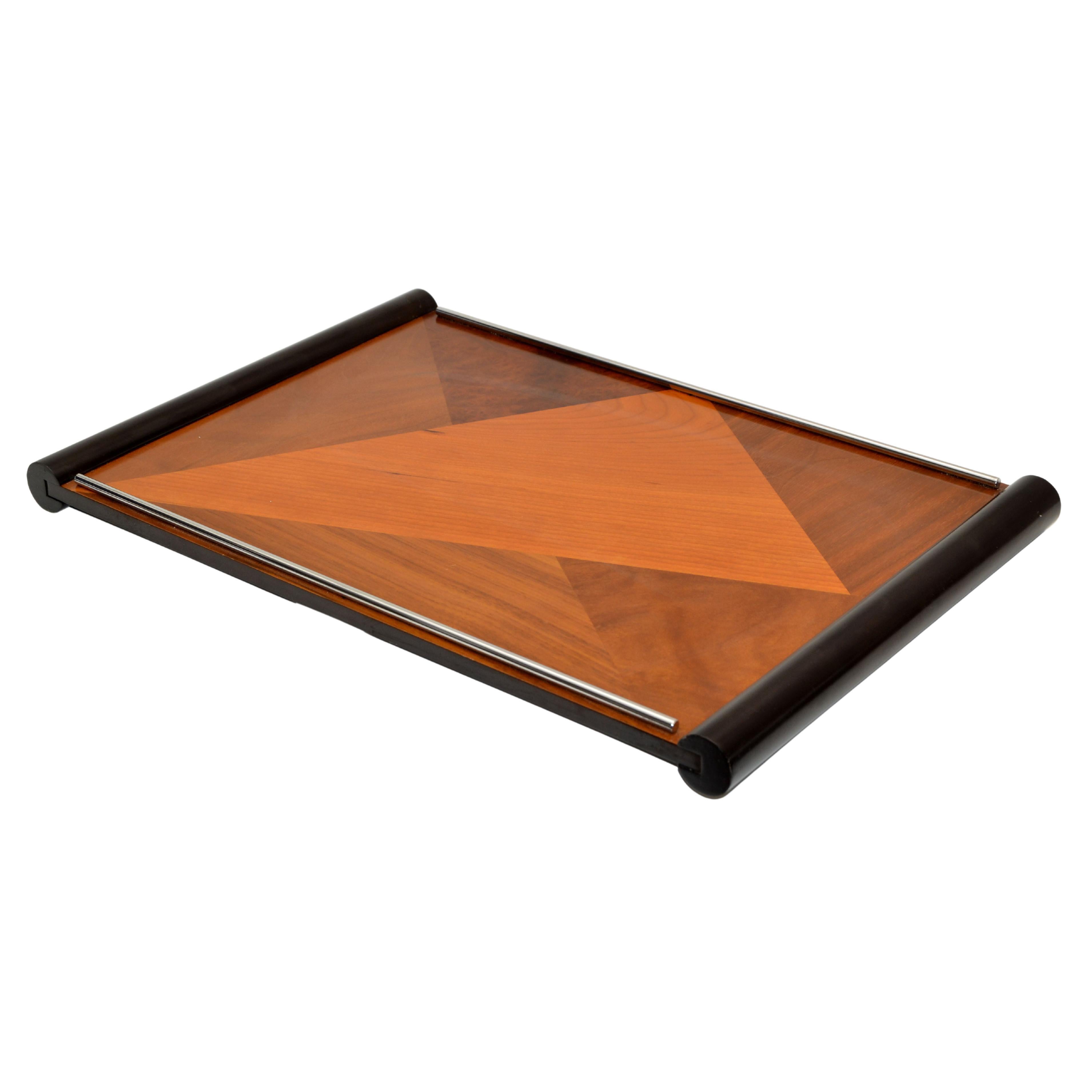 American Organic Modern Handcrafted Hardwood Marquetry Decorative Serving Tray For Sale