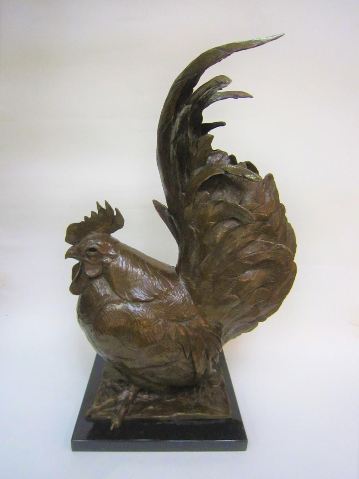 An American naturalistic sculpture of a rooster, cockerel, cock by Dan Ostermiller, beautifully patinated in the original warm cognac brown color. An accurate rendering of this barnyard bird with the upswing of his curled feathered tail and