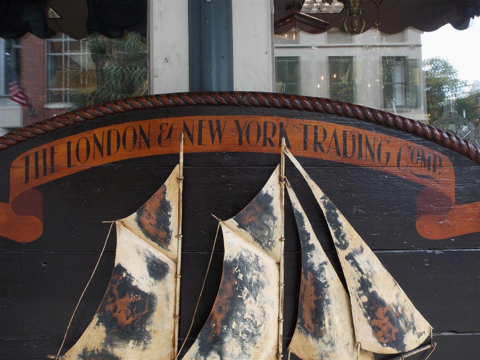Hand-Carved American Oval Timber Trade Sign with Two Masted Ship and Rope Boarder. C. 1850 For Sale