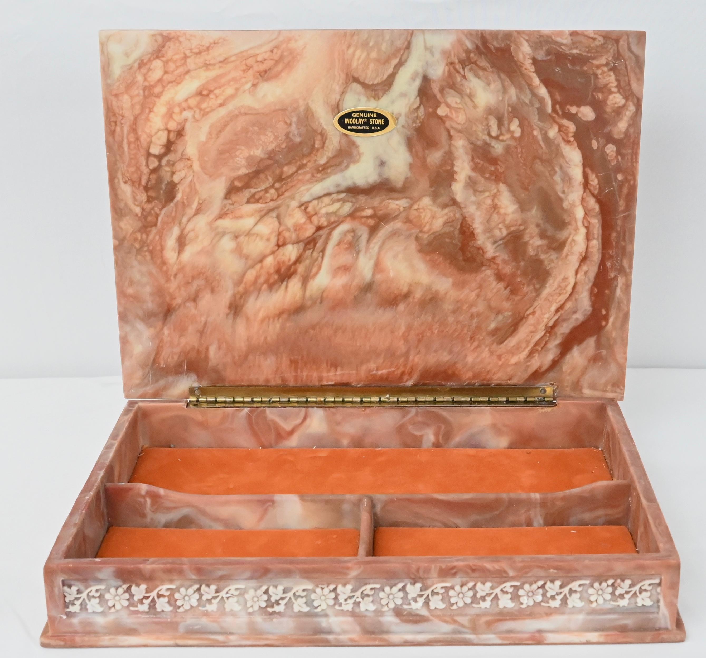 Large Incolay Stone Jewelry Box, handcrafted in the USA. 

This stunning American made Incolay Stone is a handcrafted man-made material using natural stone that resembles cameo. It became very popular in the 1970s and 1980s. The company was located