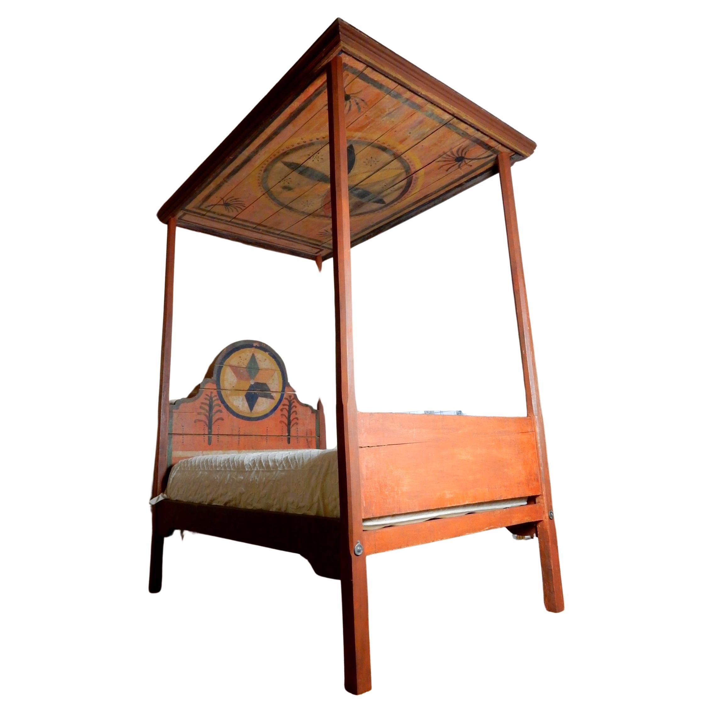 Es handelt sich um ein außergewöhnliches, nach Folk Art bemaltes Bett aus dem amerikanischen Südwesten, ca. 1830-1840.
Eine seltene und einzigartige Form A der Volkskunst, die als aus den frühen germanischen Siedlungen in Texas stammend
