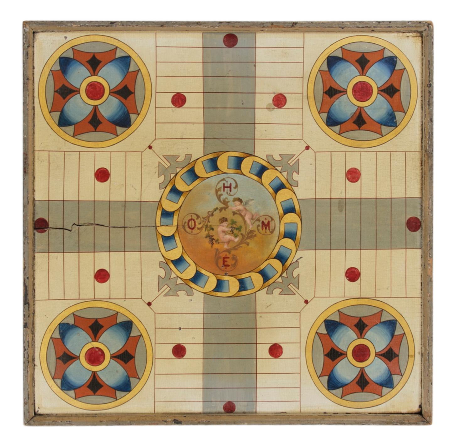 Masterpiece quality American game board with fancifully painted cherubs, ca 1870

This is one of the greatest American painted Parcheesi boards extant. The fine quality of this is unmatched by anything I have seen in recent years. The attractive