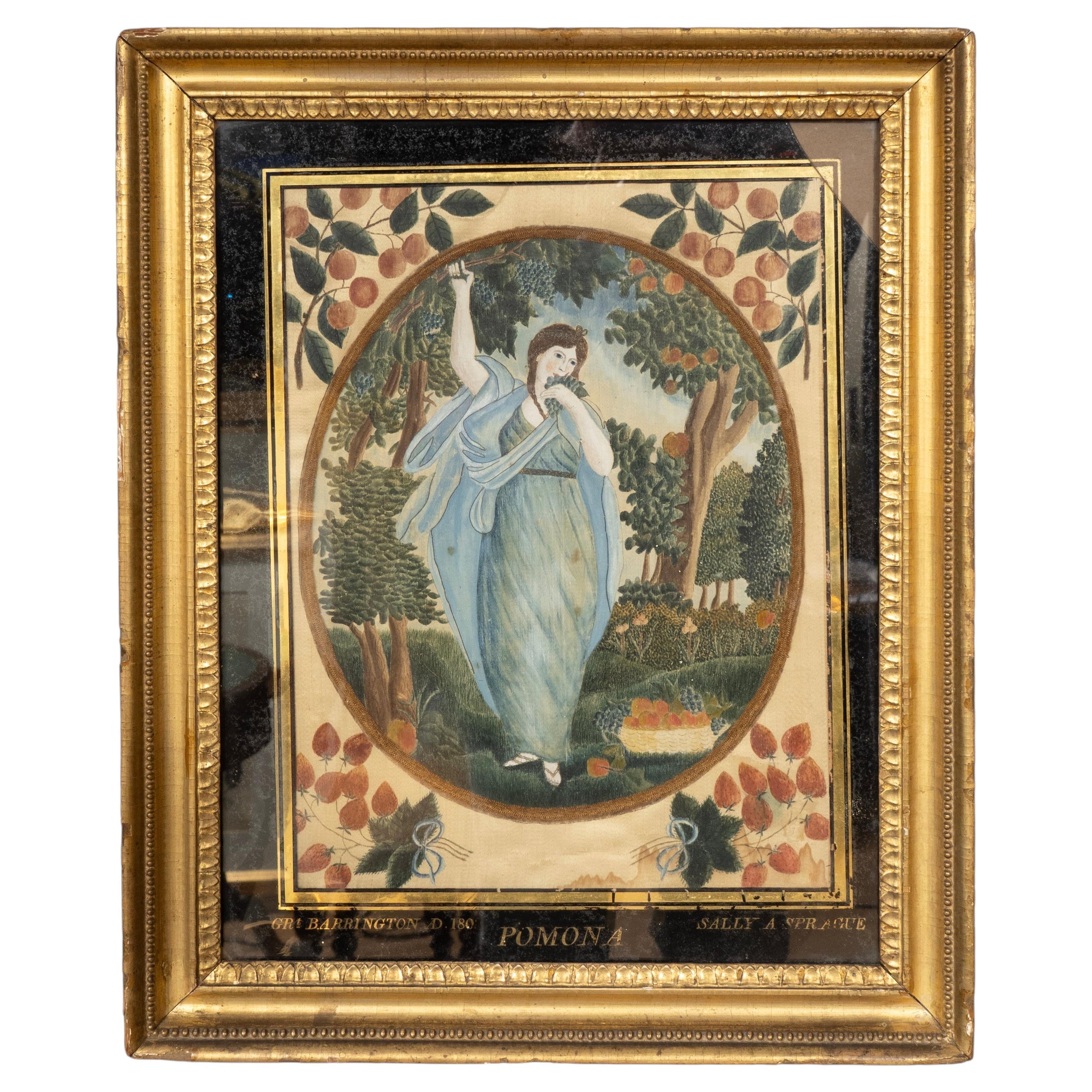 Tableau américain en soie peinte représentant Pomone, déesse des fruits