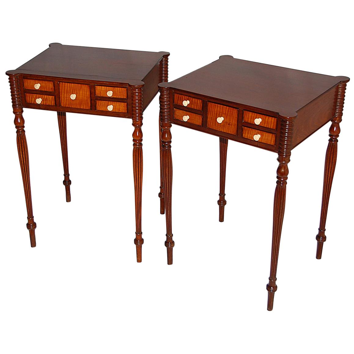 American Pair of Boston Sheraton Worktables in Mahogany and Bird’s-Eye Maple