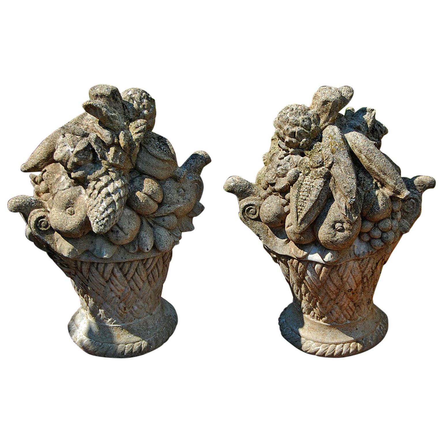Magnificent Pair of ChateauSized Carved Stone Fruit and Flower Baskets