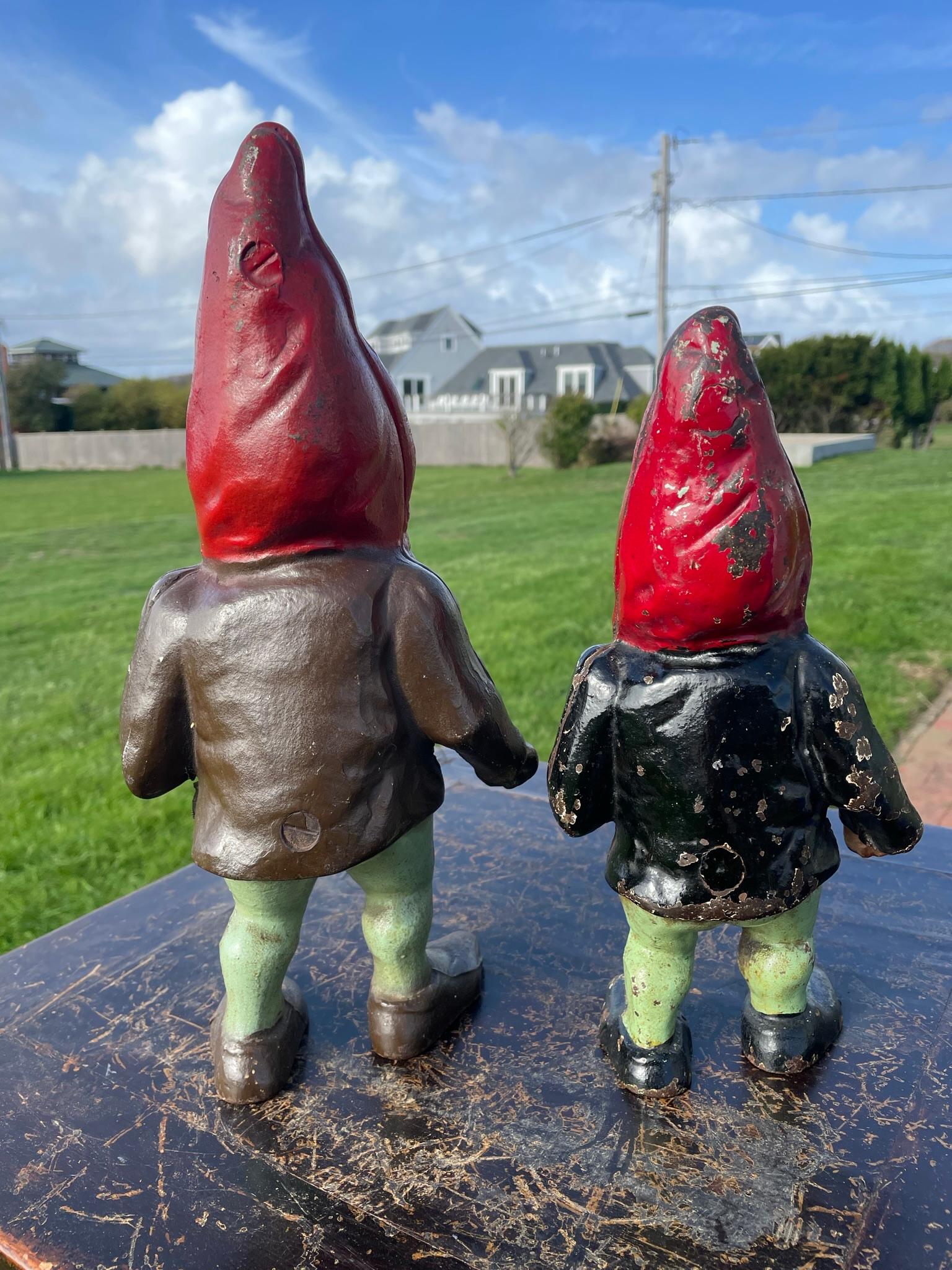 American Pair Pointed Hat Garden Gnomes Good Luck Sculptures Original Paint 4