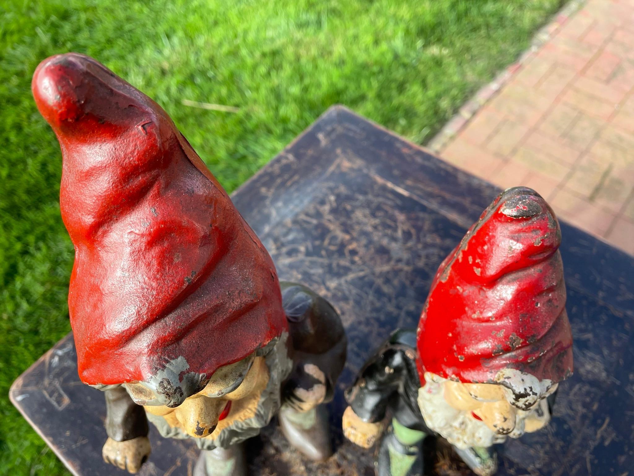 American Pair Pointed Hat Garden Gnomes Good Luck Sculptures Original Paint 7