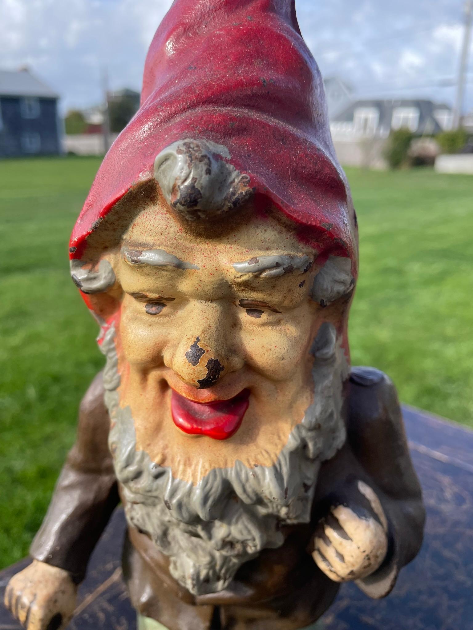 Cast American Pair Pointed Hat Garden Gnomes Good Luck Sculptures Original Paint