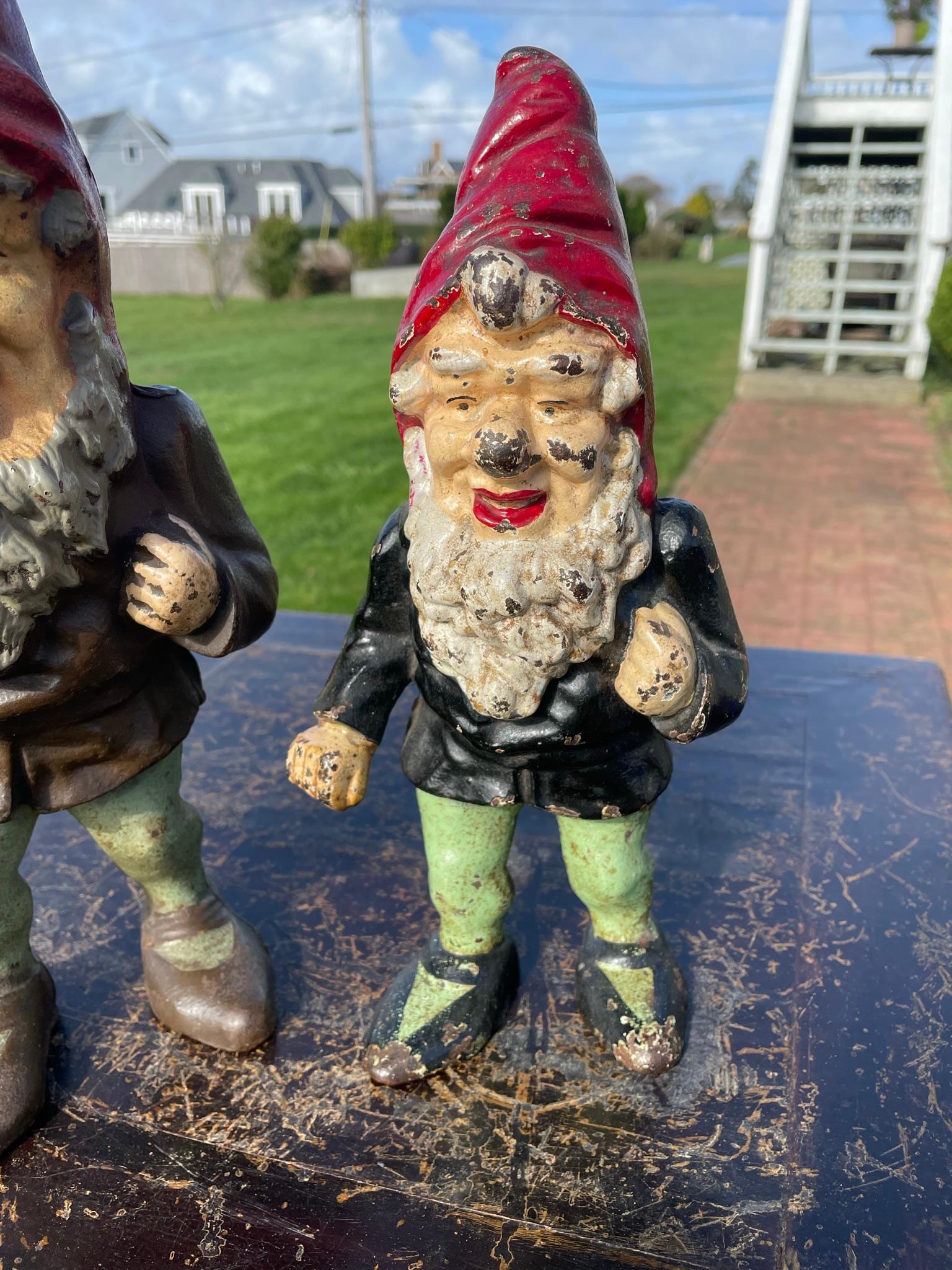 20th Century American Pair Pointed Hat Garden Gnomes Good Luck Sculptures Original Paint
