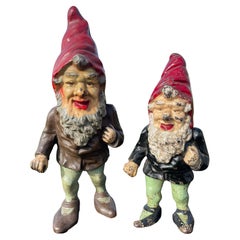 Antique American Pair Pointed Hat Garden Gnomes Good Luck Sculptures Original Paint