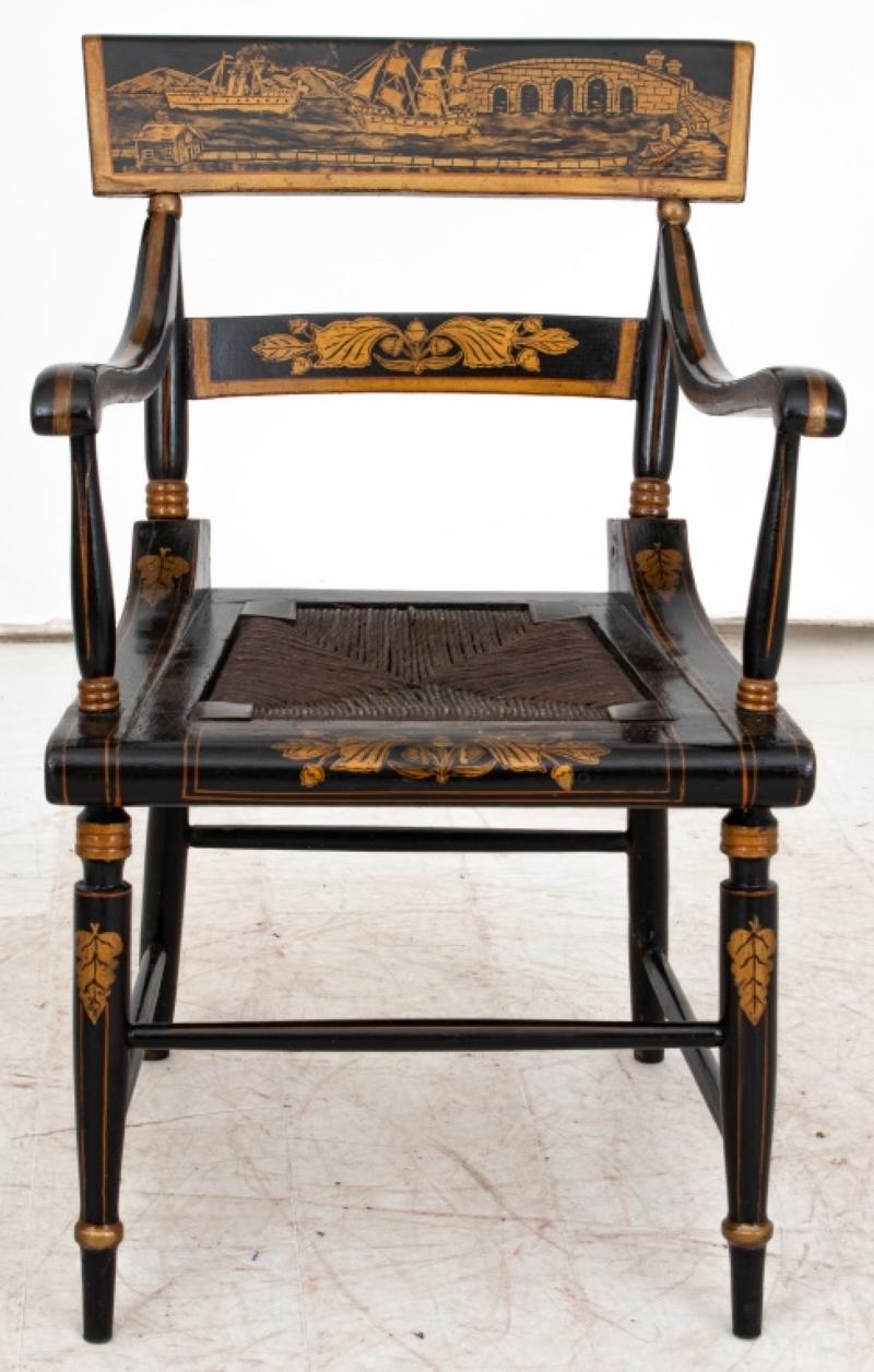 American Parcel-Gilt Ebonized Hitchcock Chair, early 20th century, with a rush seat. 31