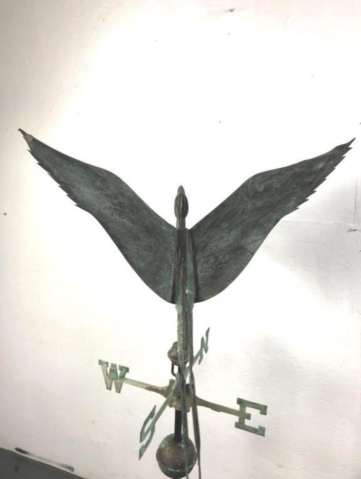 Folk Art American Patinated Copper Full Bodied Stork Directional Weathervane For Sale