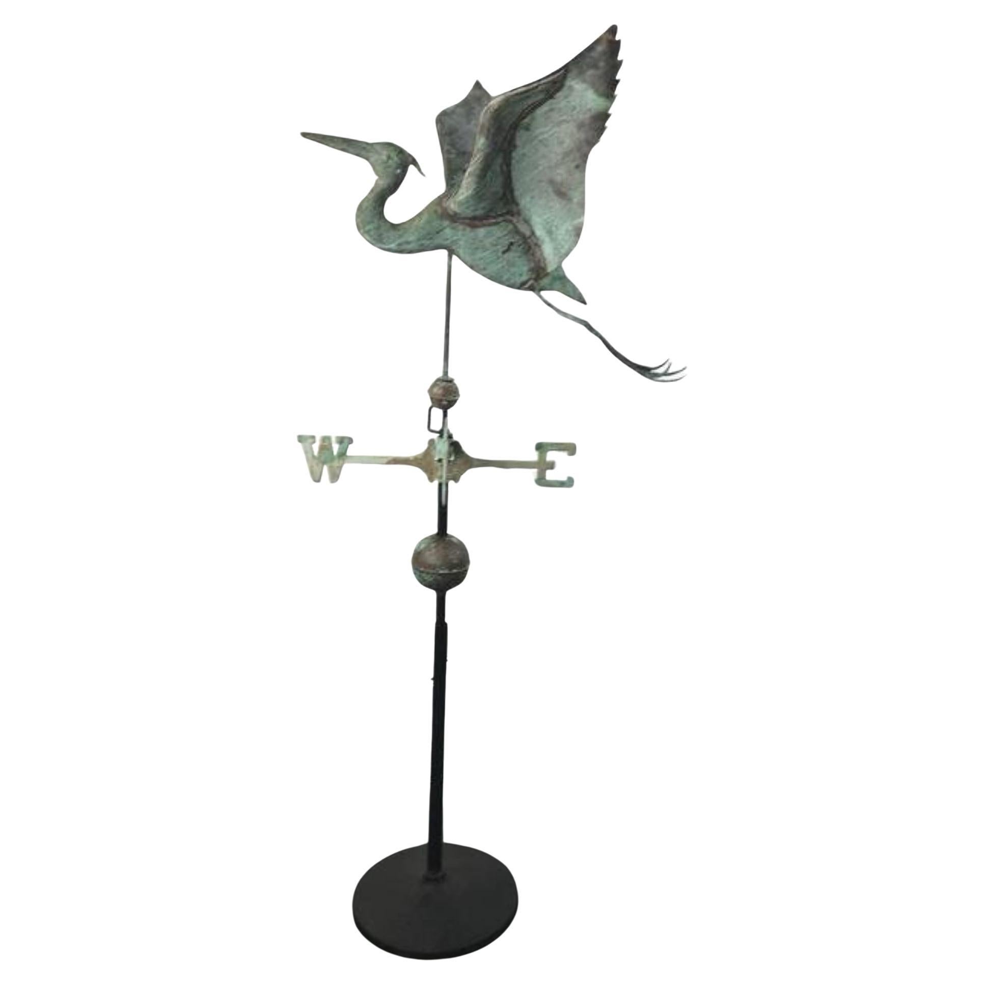 American Patinated Copper Full Bodied Stork Directional Weathervane For Sale
