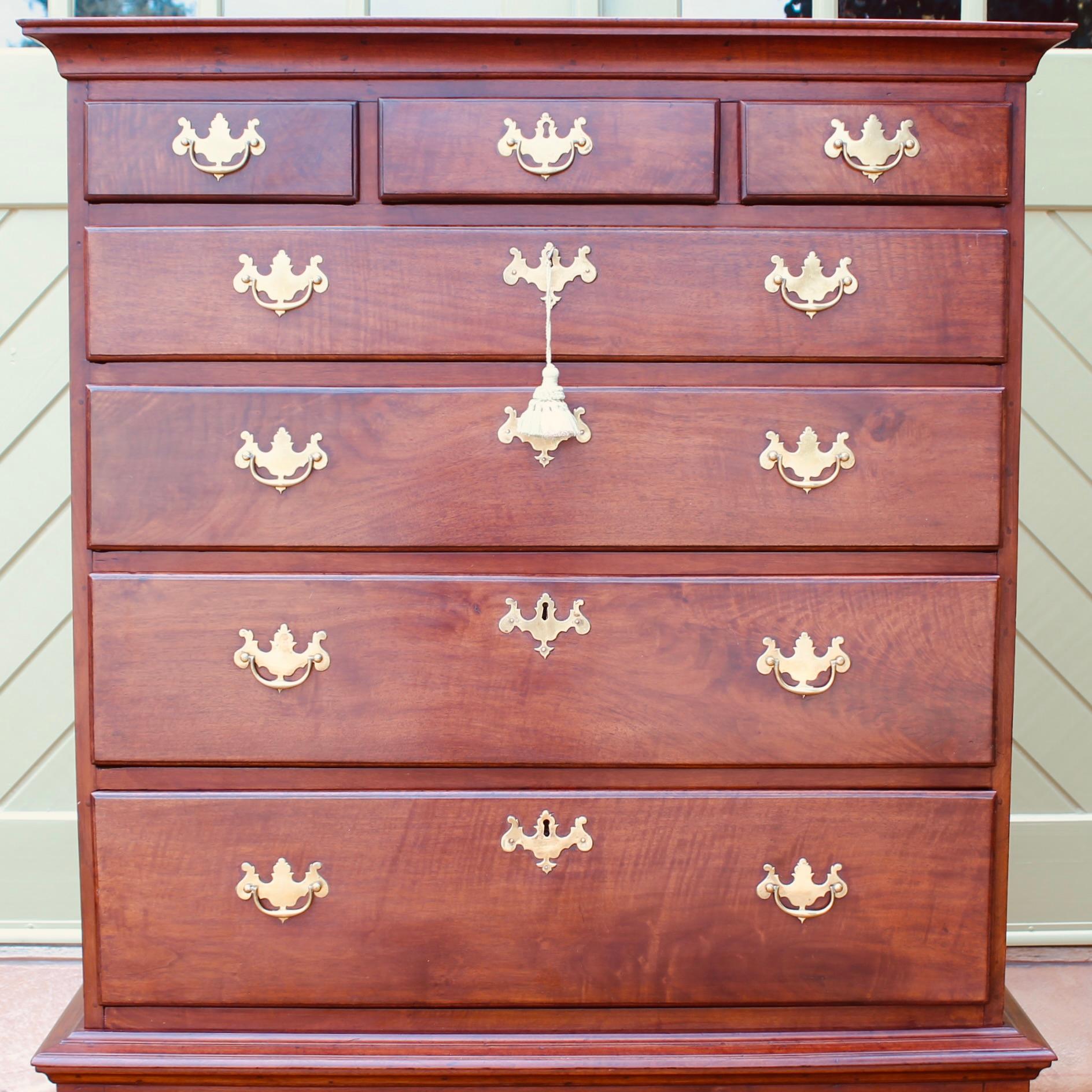 Hand-Carved American (Philadelphia) Walnut Chest On Frame With Stocking Feet, Ca. 1750 For Sale