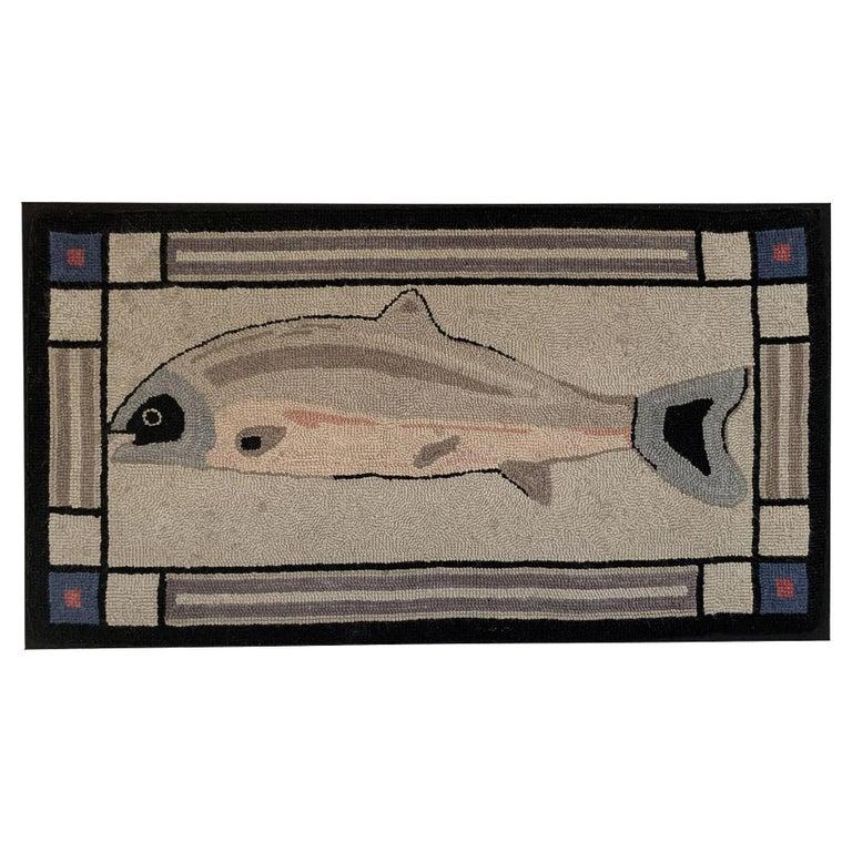 Hand-Crafted American Pictorial Fish Hand Hooked Rug, Mounted For Sale