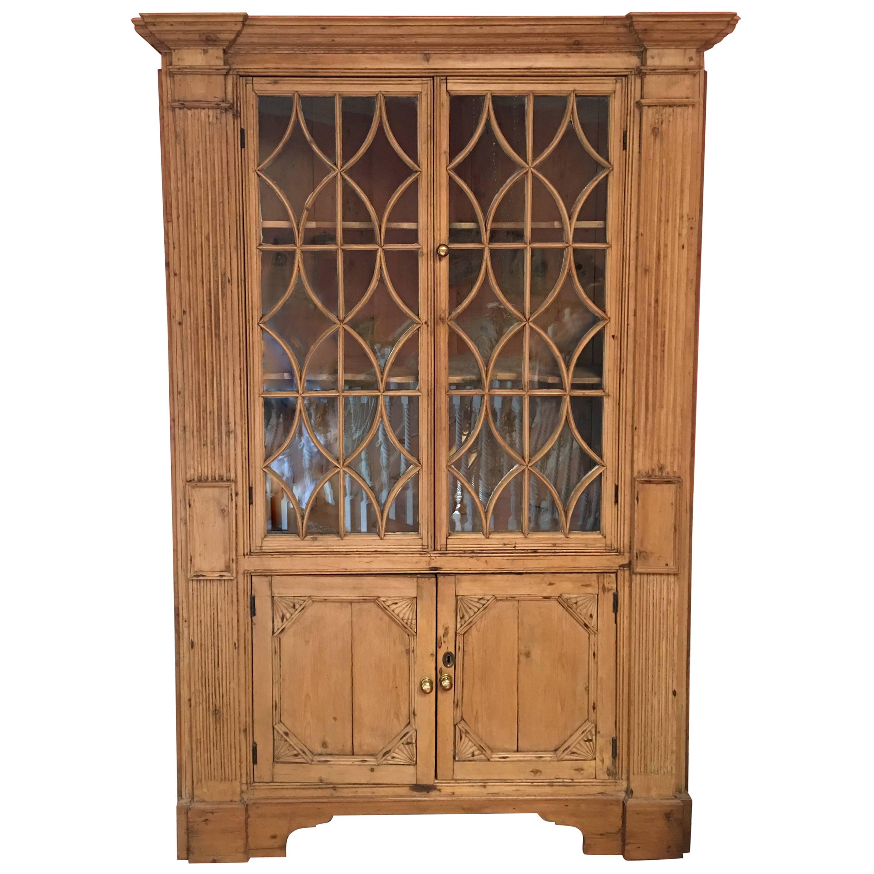 American Pine Corner Cupboard or Cabinet with Glass Doors, 19th Century