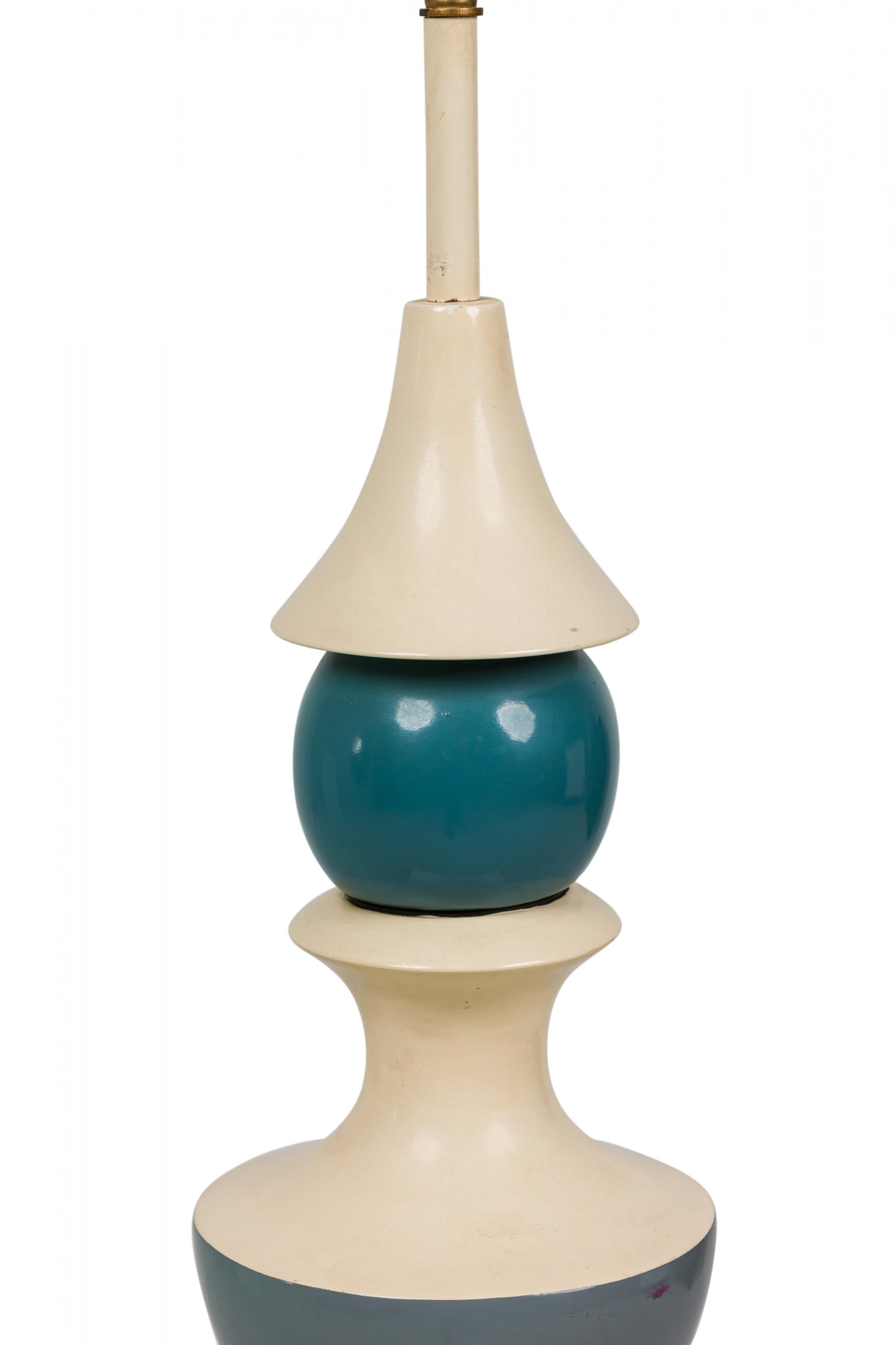 Metal  American Plaster Harlequin Balustrade White & Blue Painted Table Lamp For Sale