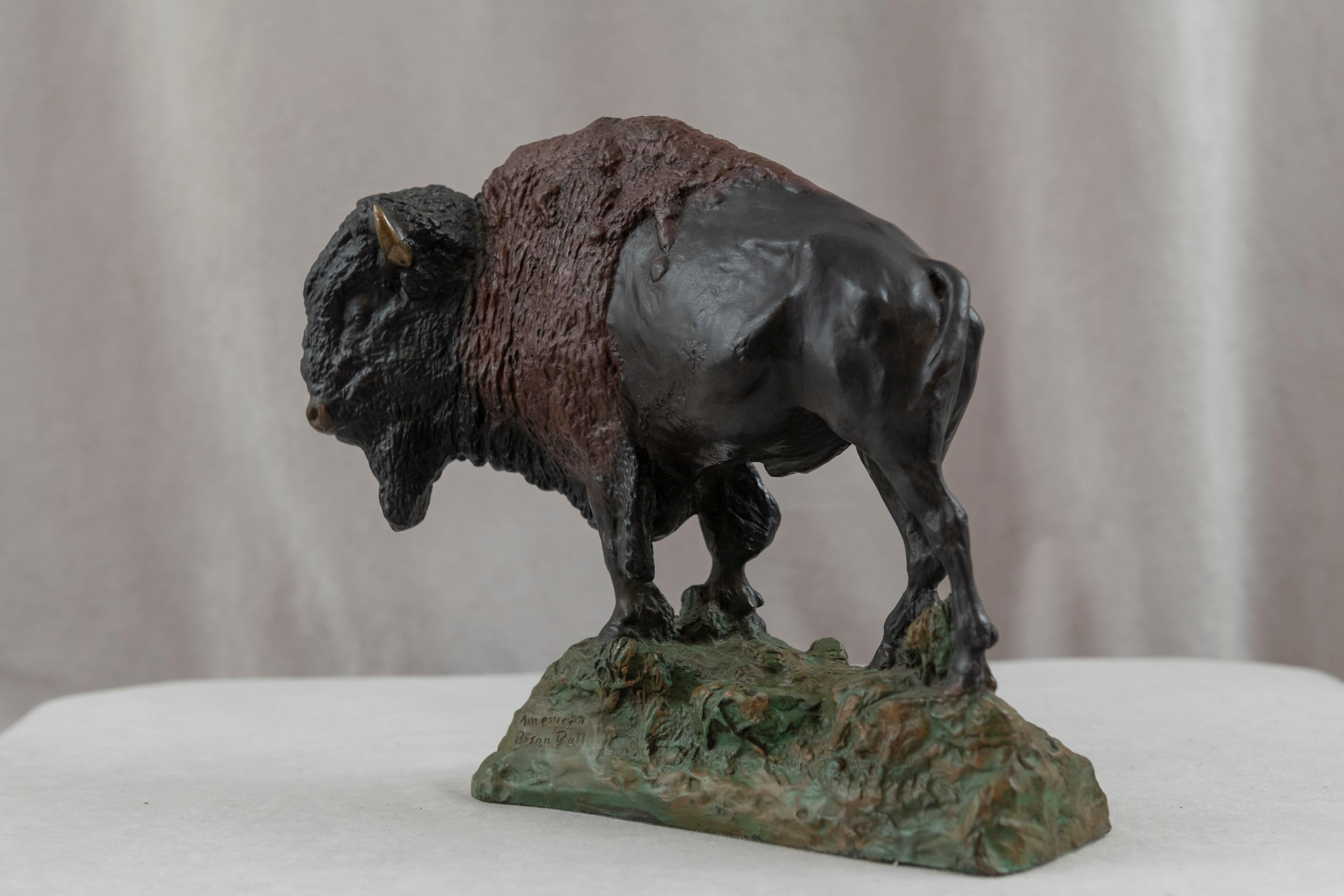 Patinated American Polychrome Bronze Bison, Artist Signed, Dated 1914 For Sale
