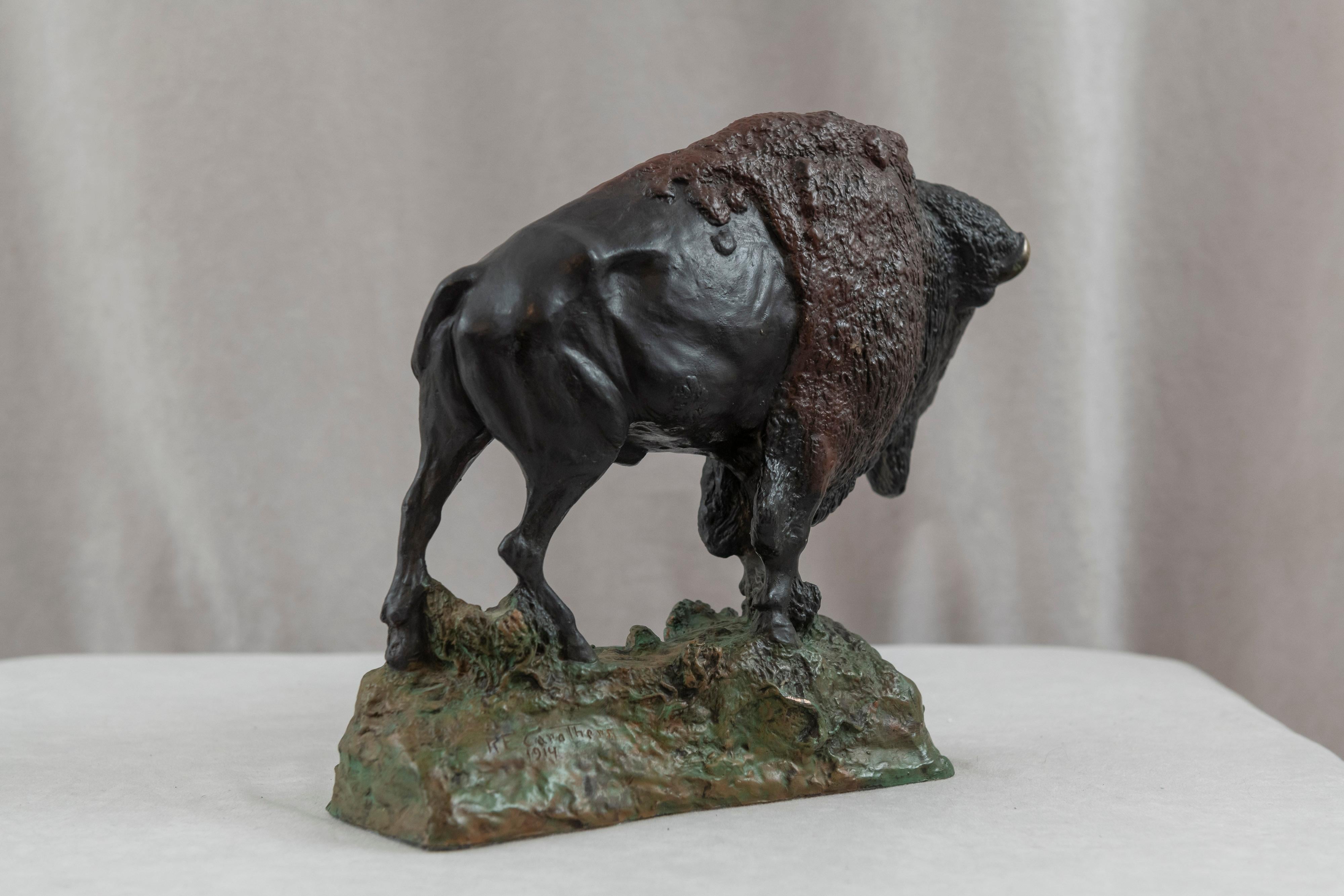 American Polychrome Bronze Bison, Artist Signed, Dated 1914 In Good Condition For Sale In Petaluma, CA