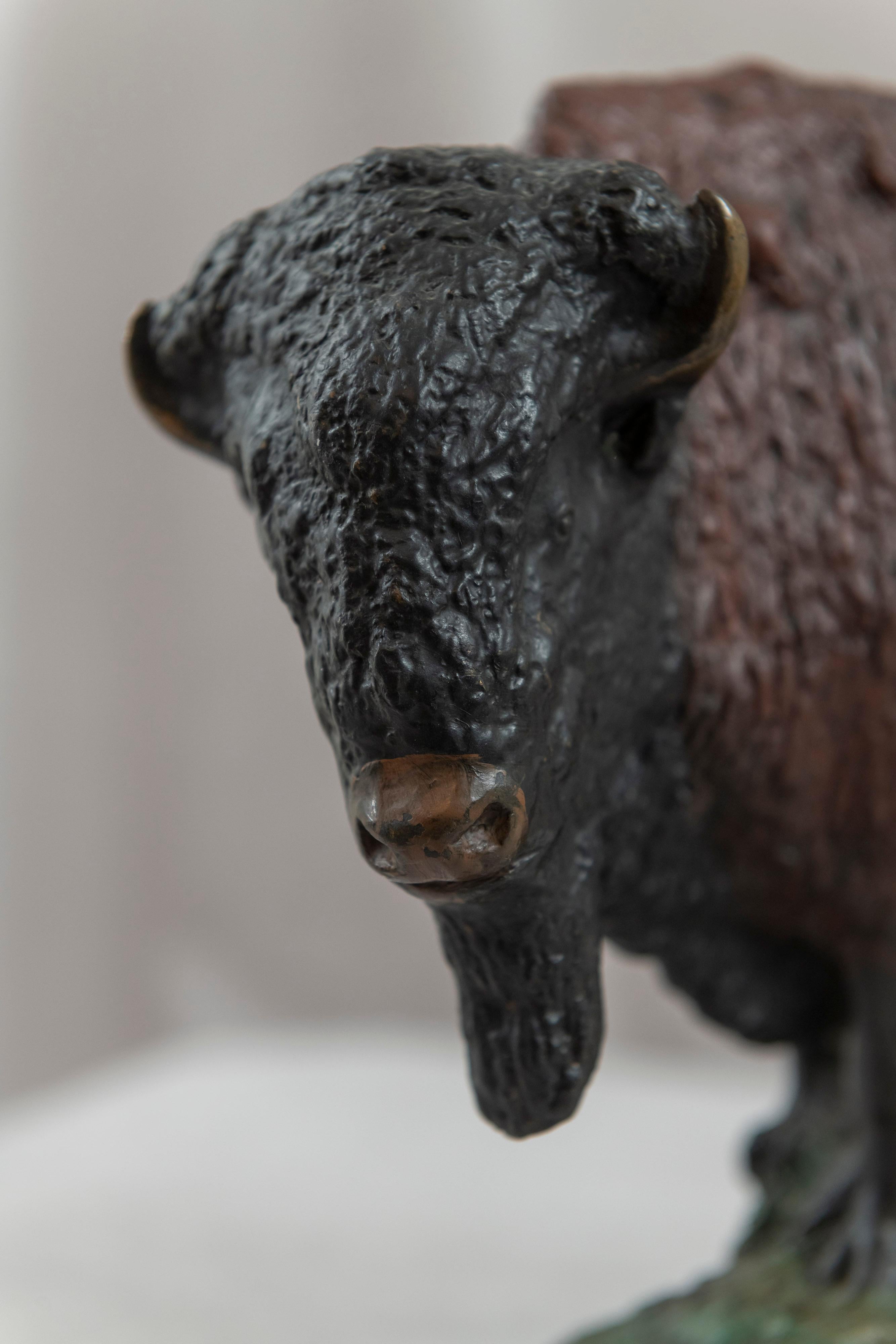 American Polychrome Bronze Bison, Artist Signed, Dated 1914 For Sale 2
