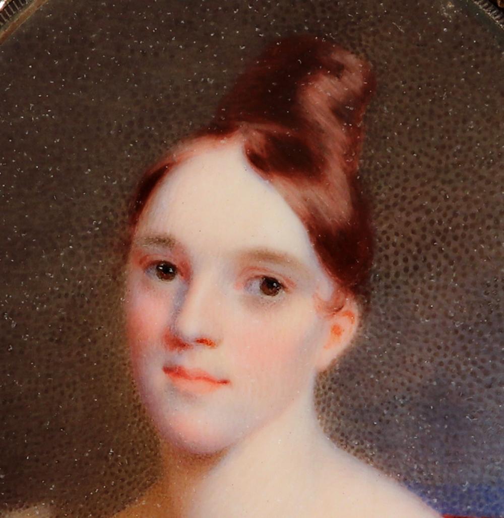 American Empire American Portrait Miniature of a Woman in a White Gown, Thomas Story Officer For Sale