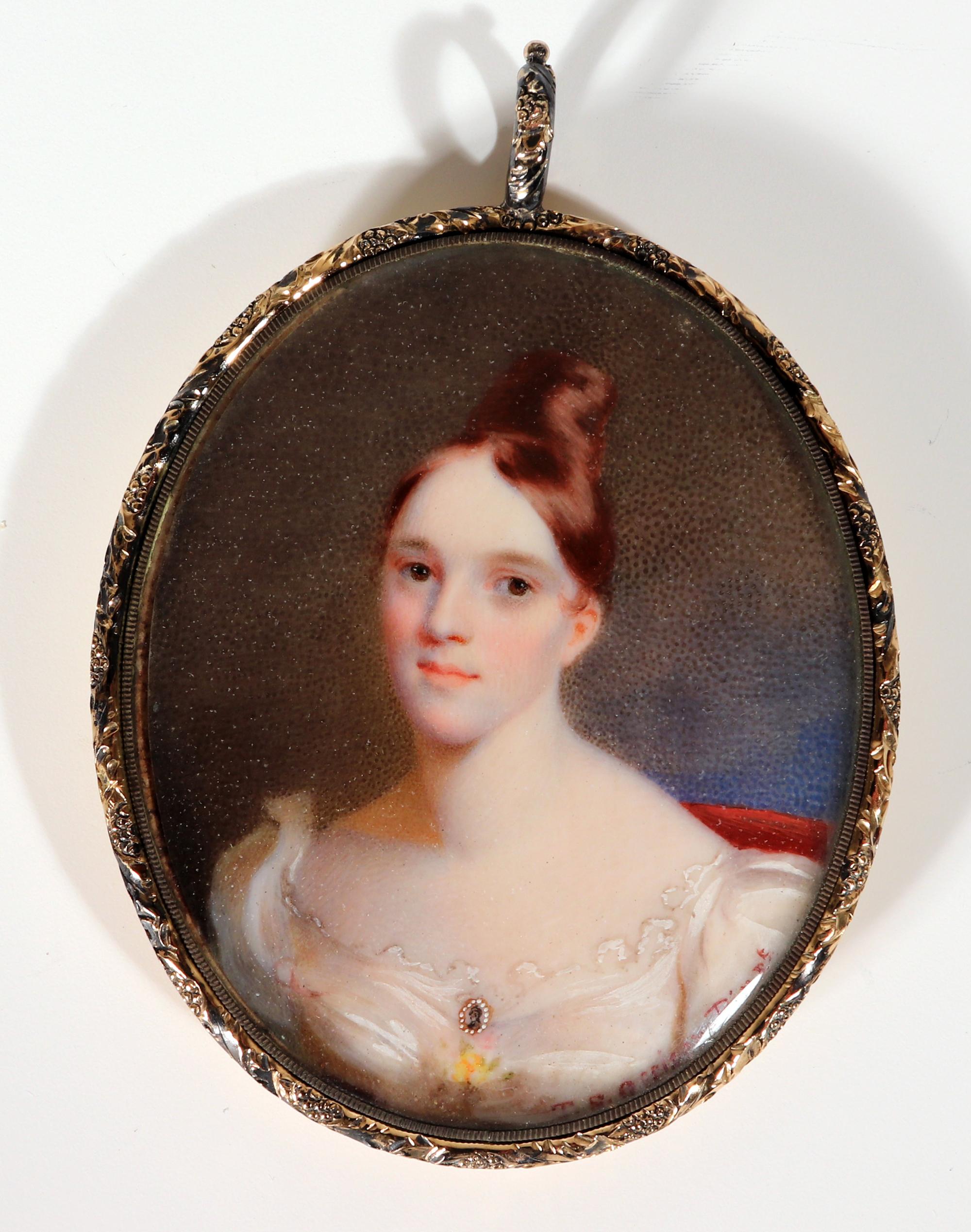 American Portrait Miniature of a Woman in a White Gown, Thomas Story Officer In Good Condition For Sale In Downingtown, PA