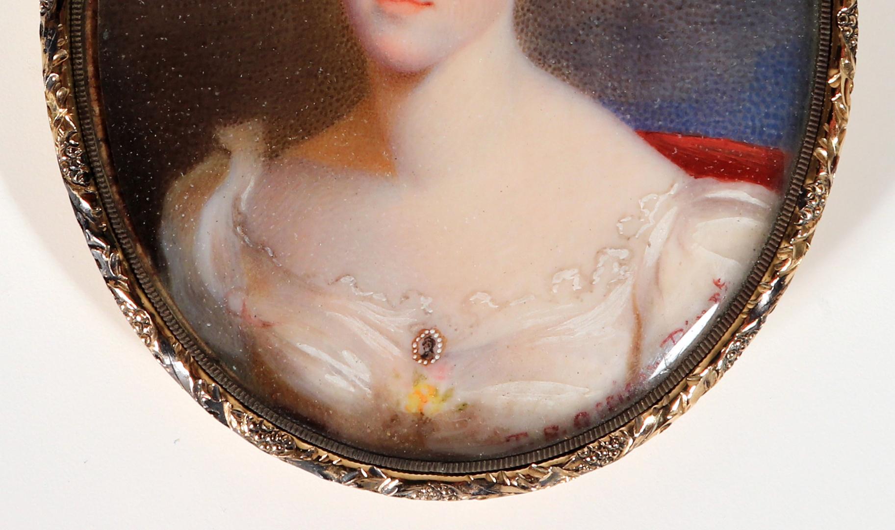 Amerikanische Porträt-Miniatur einer Frau in einem weißen Kleid, Thomas Story Officer (Mittleres 19. Jahrhundert) im Angebot