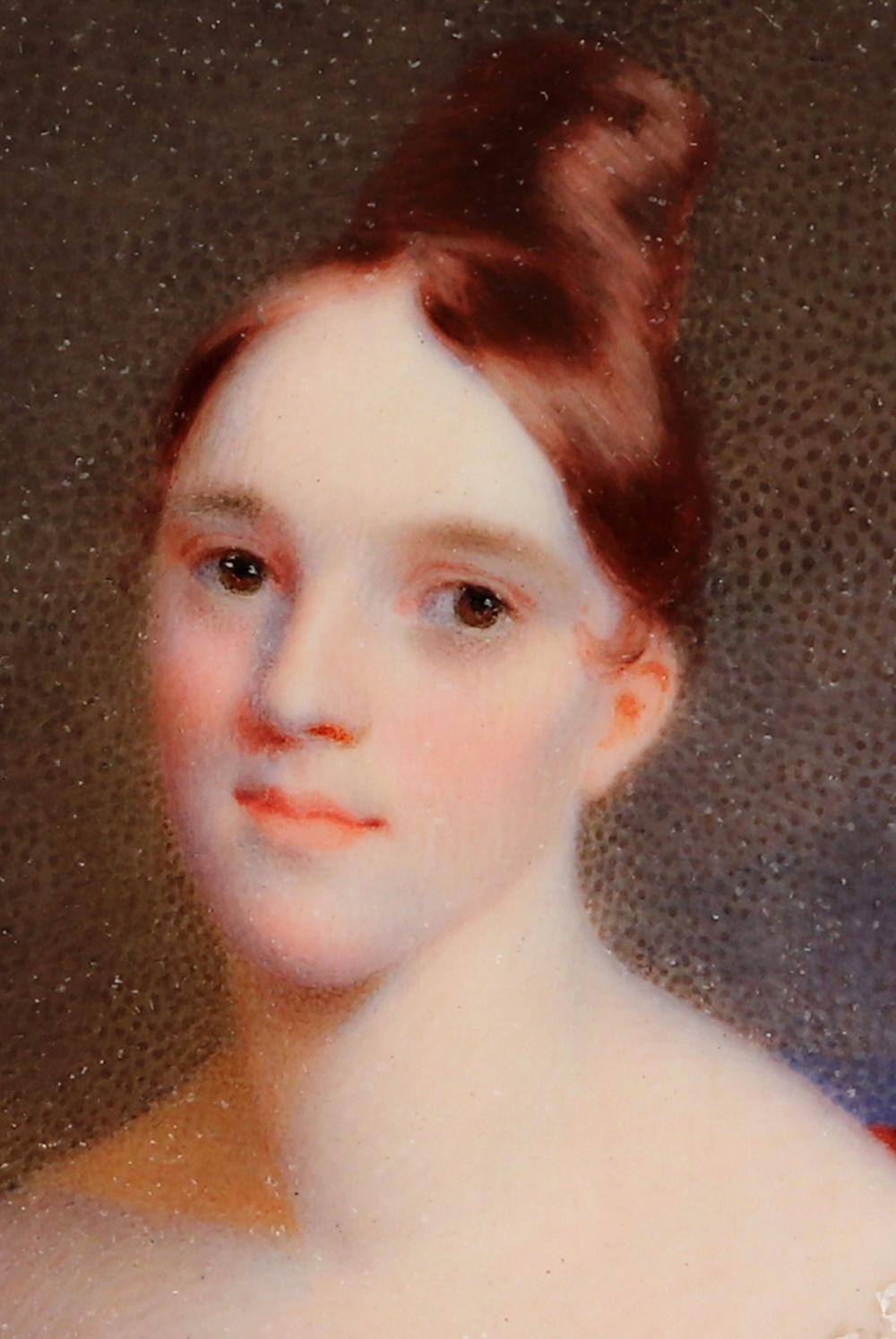 Amerikanische Porträt-Miniatur einer Frau in einem weißen Kleid, Thomas Story Officer im Angebot 1