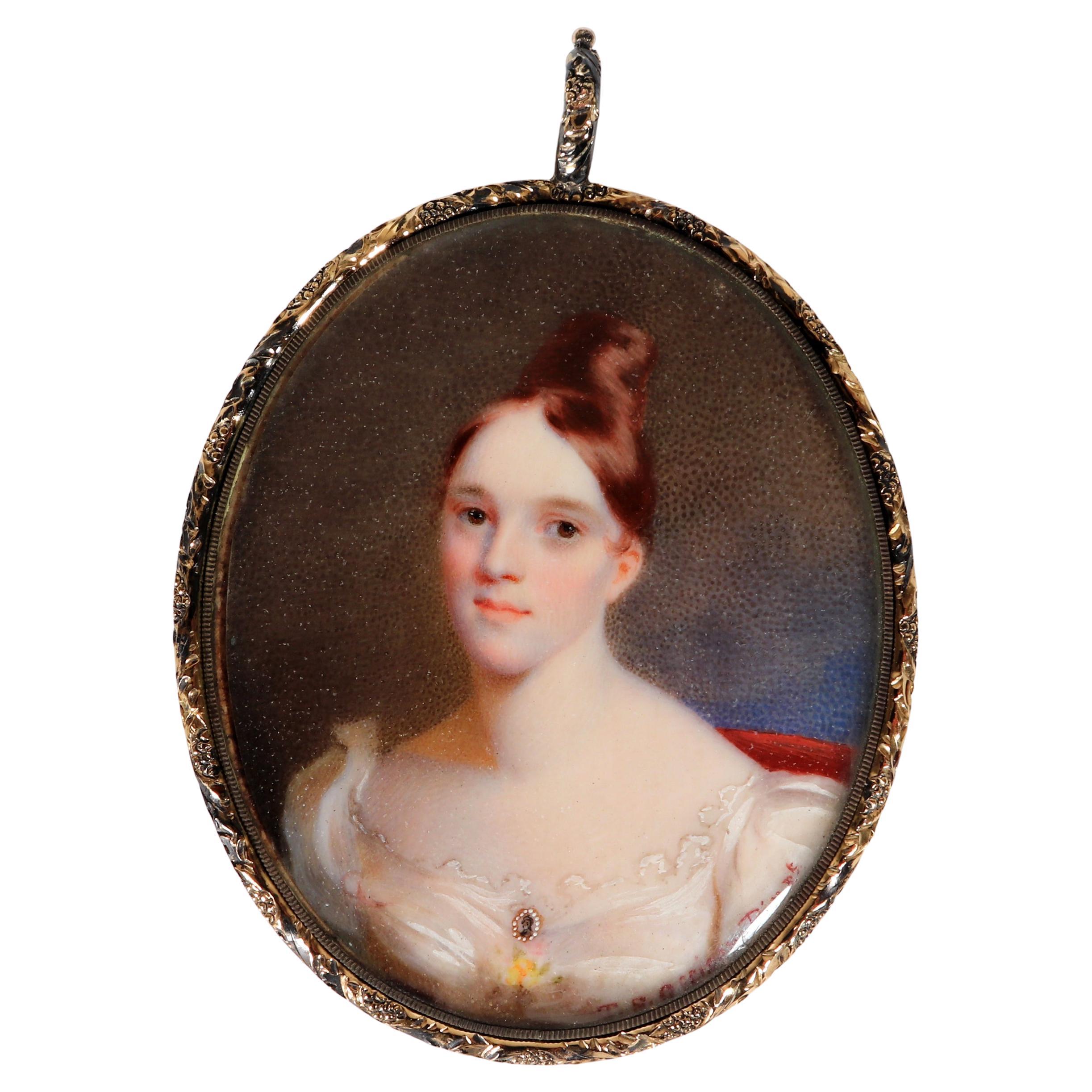 Portrait miniature américain d'une femme dans une robe blanche, officier d'histoire de Thomas