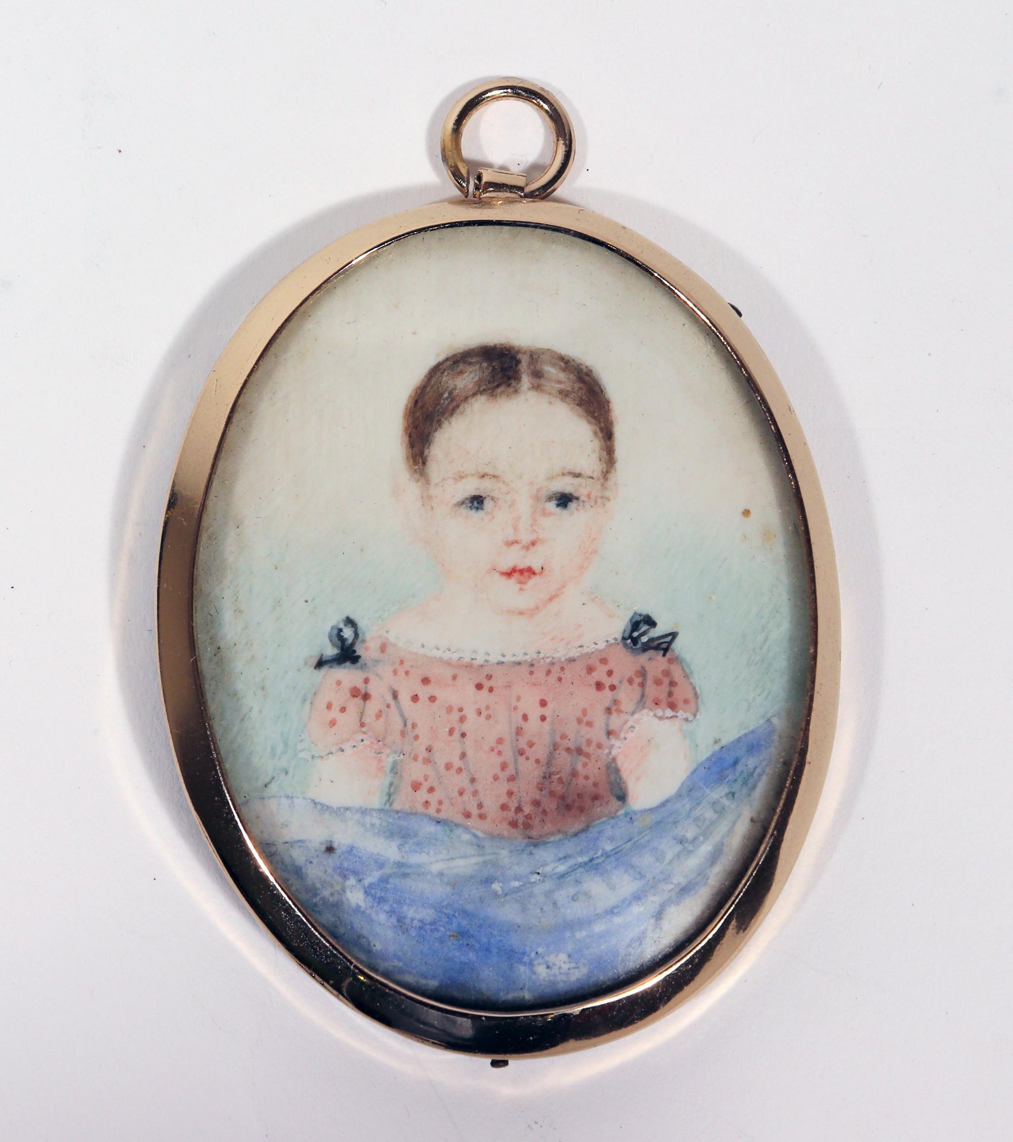 Portrait Miniature of a young girl,
American,
1840s

The oval portrait miniature is painted with a folky painting of a young girl wearing an ocher dress with blue ribbons on the shoulders with a blue skirt below. Her short brown hair is parted