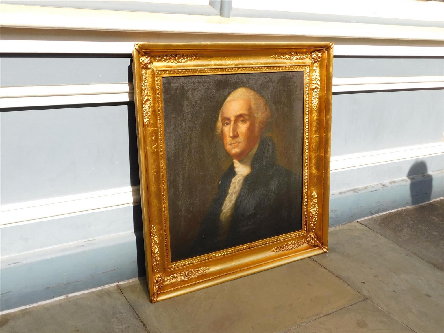 American portrait of George Washington oil on canvas in the original gilt floral frame and reverso stretchers. Unsigned. Copied from the original painting by Gilbert Stuart. Early 19th century.