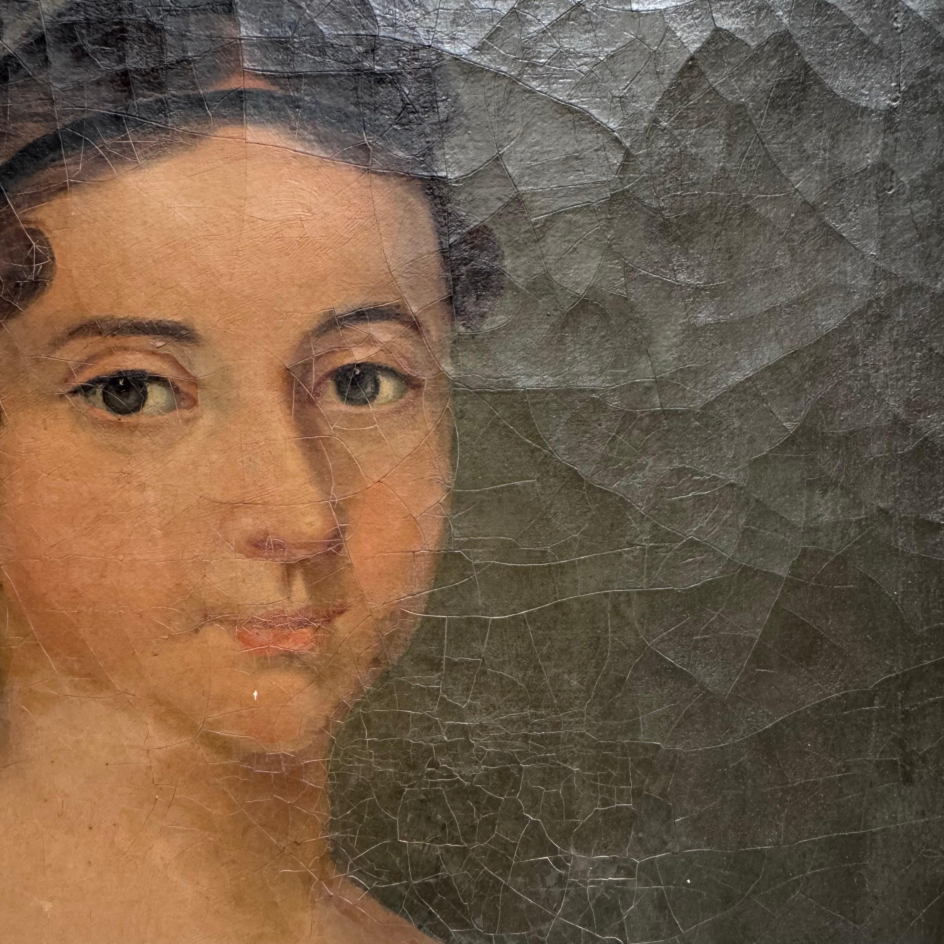 Retrato al óleo sobre lienzo de una dama con vestido azul en el marco dorado original
Estadounidense 1860
Ligero desgaste en la parte inferior de la tela, como se muestra en la foto