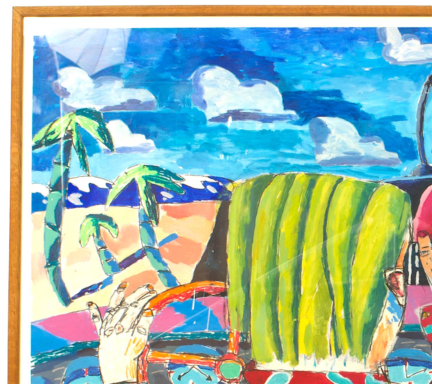 American Post-War (1970s) watercolor picture of a stylized view from the back seat of a car with a driver by the beach with palm trees in an oak frame.
