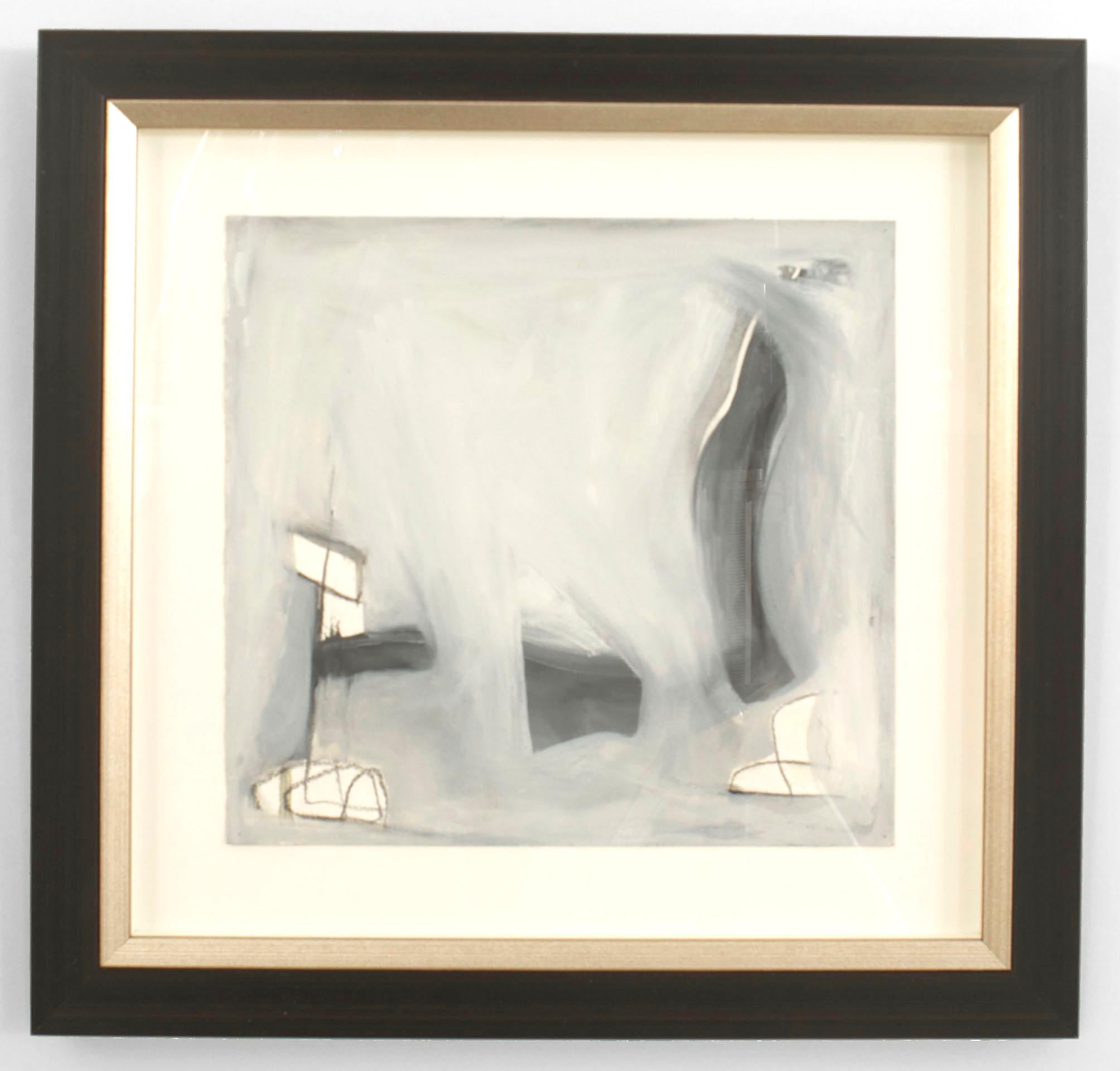 6 Art abstrait américain Design/One d'après-guerre, peinture à l'huile sur papier avec des nuances de gris multicolores dans un cadre noir avec bordure argentée (PRIX PAR PERSONNE)