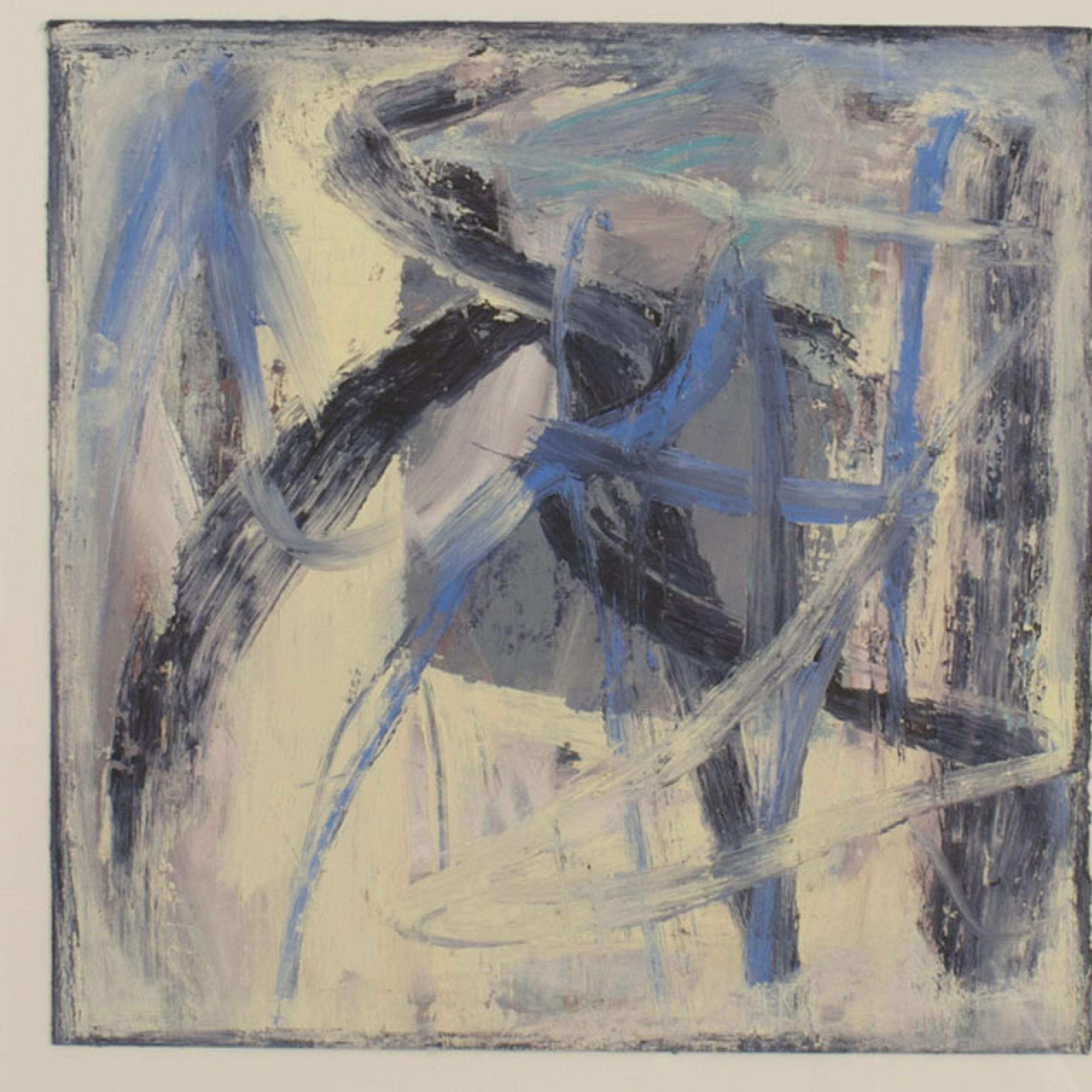 Art abstrait américain Design/One d'après-guerre, peinture à l'huile sur papier avec des nuances de bleu et de beige multicolores dans un cadre argenté. (Un de la série de 4 : BLO010A-D)