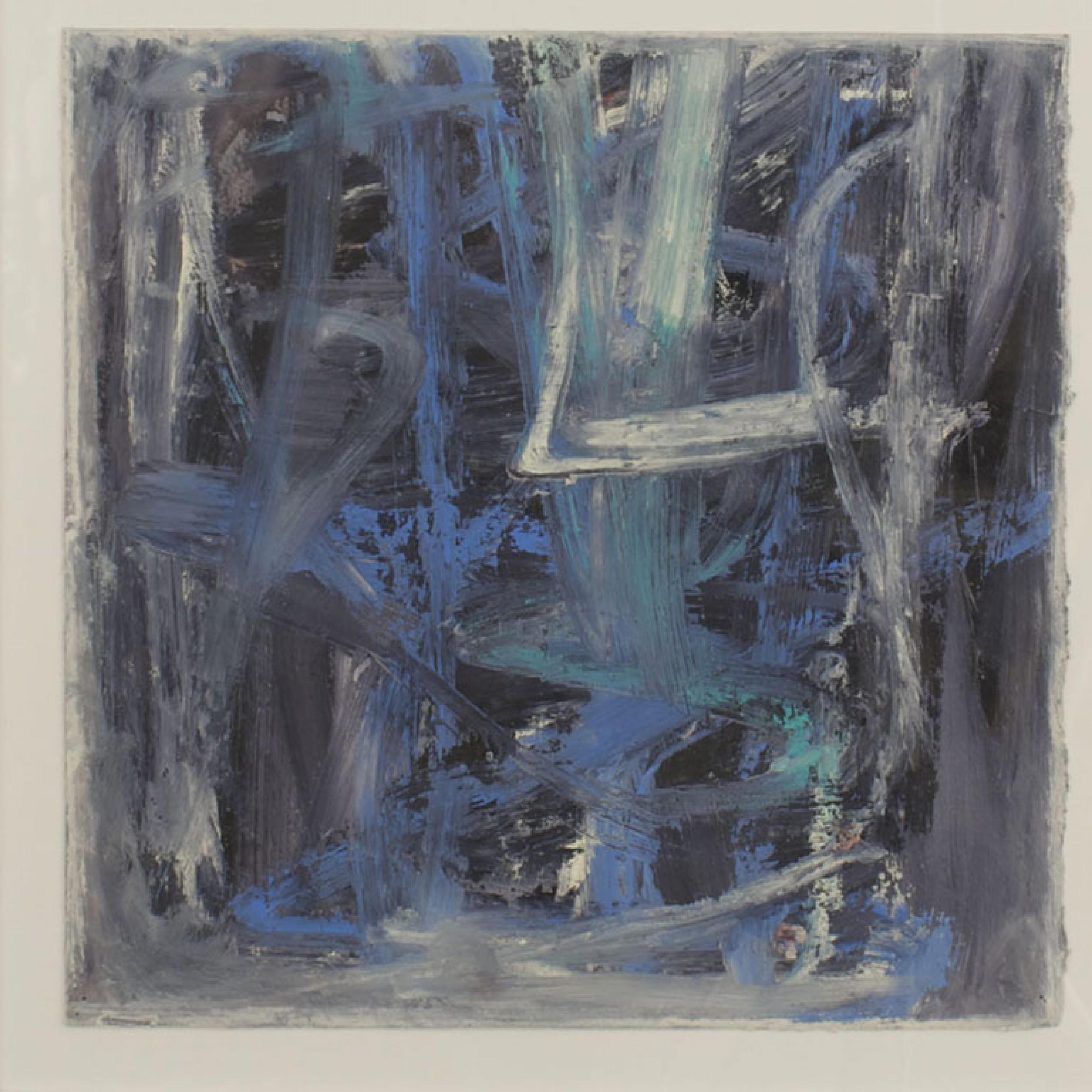 Arte abstracto de diseño americano de posguerra, pintura al óleo sobre papel con tonos azules y beige multicolores en un marco plateado. (Uno de la serie de 4: BLO010A-D)