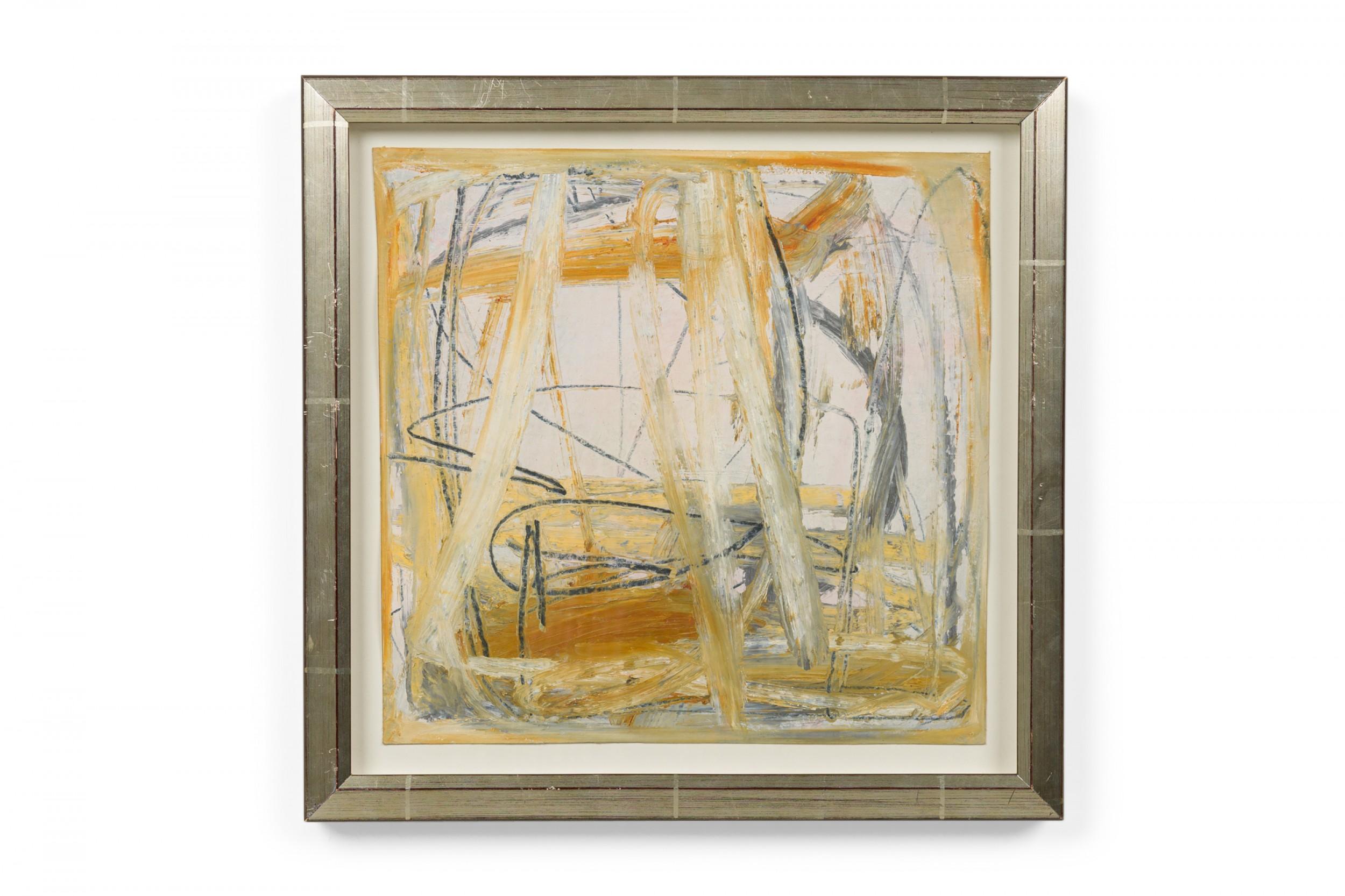 2 Art abstrait américain Design/One d'après-guerre, peinture à l'huile sur papier avec des nuances de vert, de jaune et d'ocre dans un cadre argenté. (PRIX CHACUN)