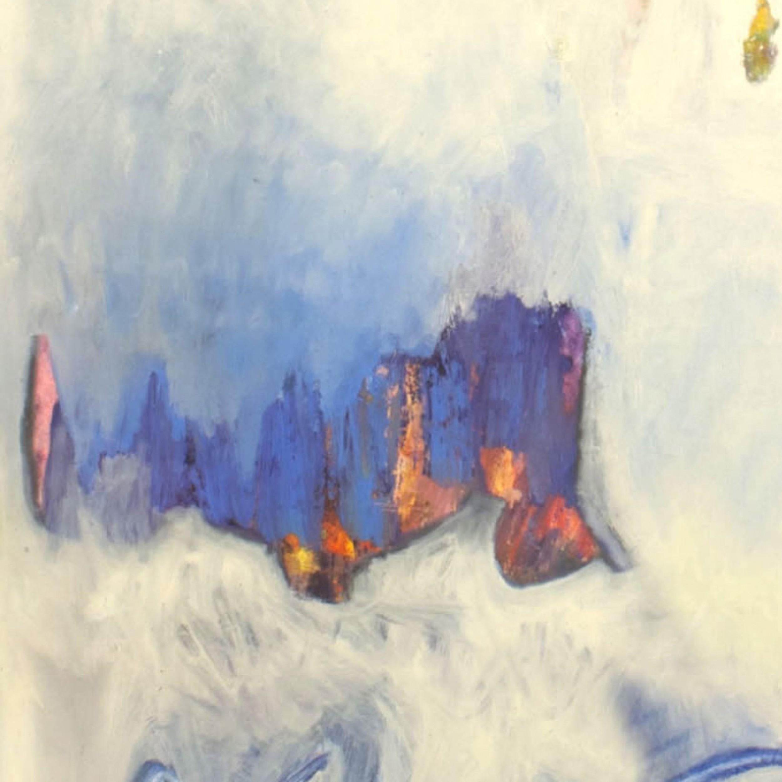 Art abstrait américain Design/One d'après-guerre, peinture à l'huile avec des nuances de violet sur fond blanc dans un cadre argenté.