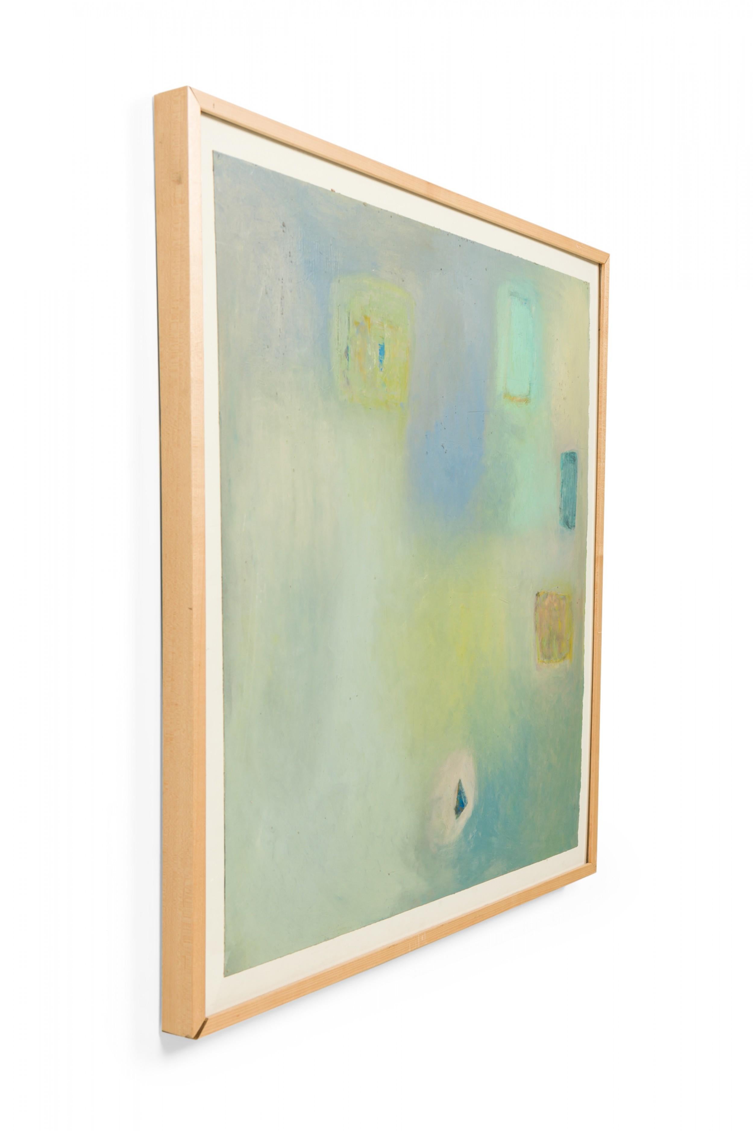 Arte astratta americana Post Design, dipinto a olio con sfumature di verde chiaro e blu in una cornice di pino.