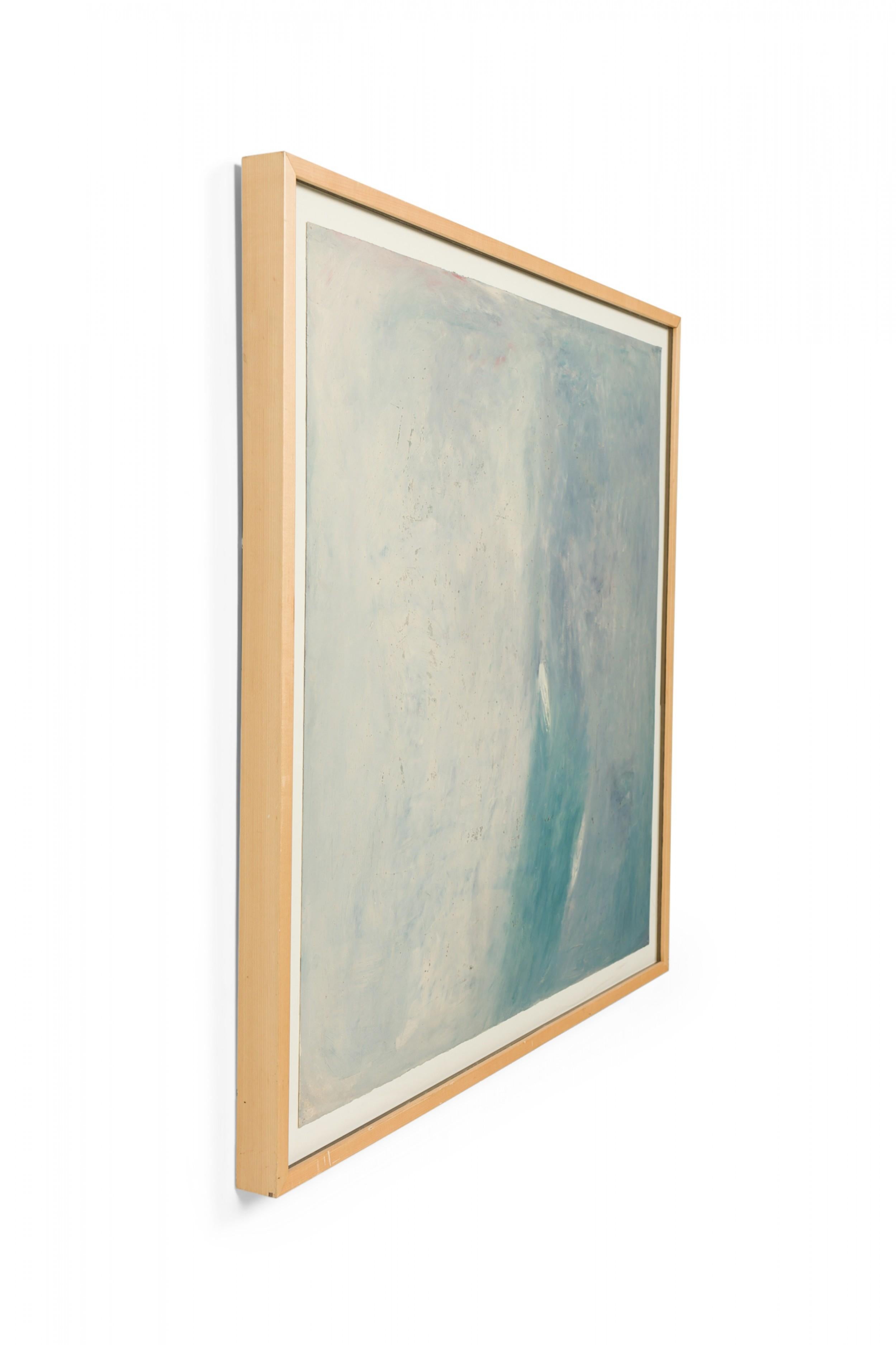 Arte astratta americana Post Design, dipinto a olio con sfumature di blu pallido in una cornice di pino.