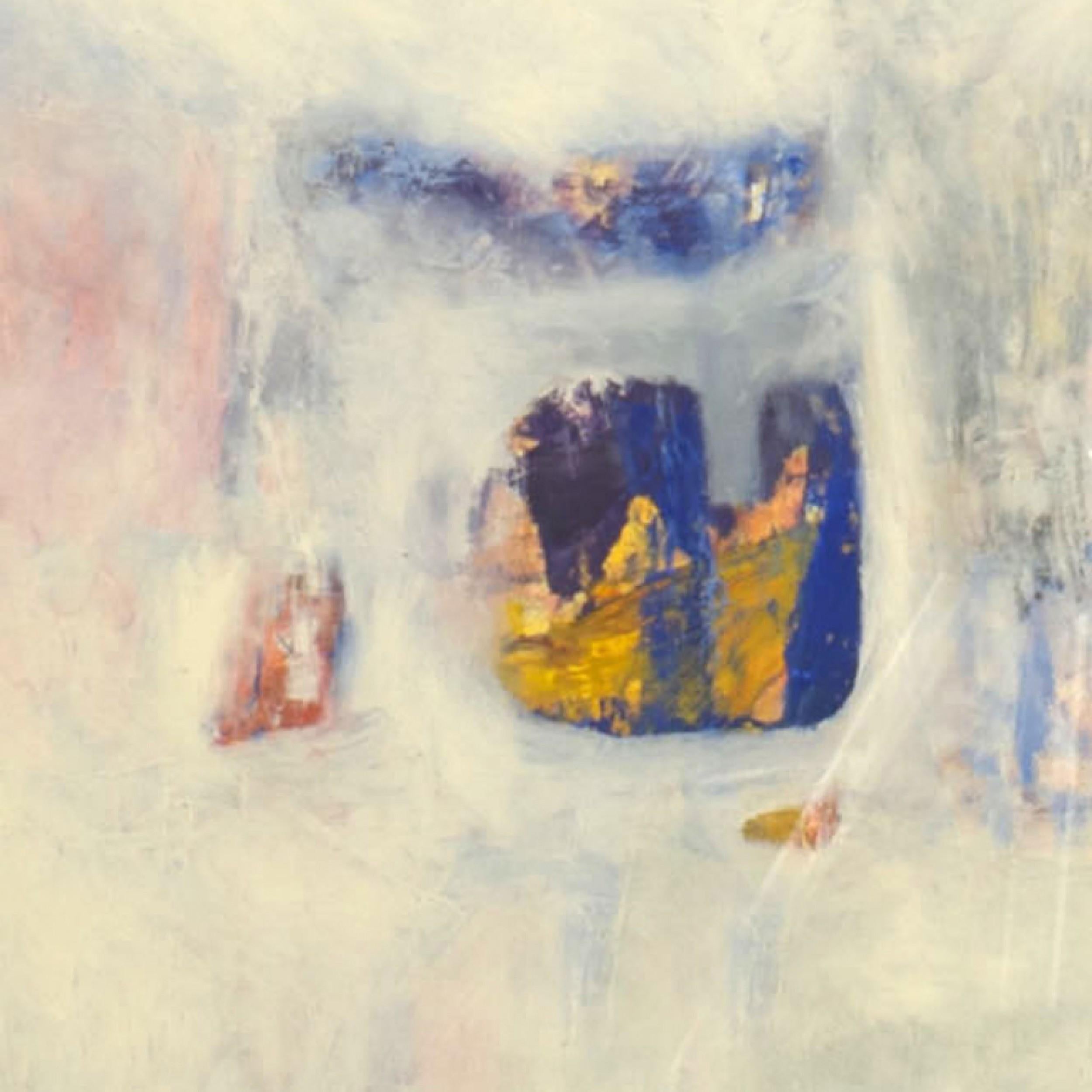 Art abstrait américain Design/One d'après-guerre, peinture à l'huile avec des nuances de violet sur fond blanc dans un cadre argenté.