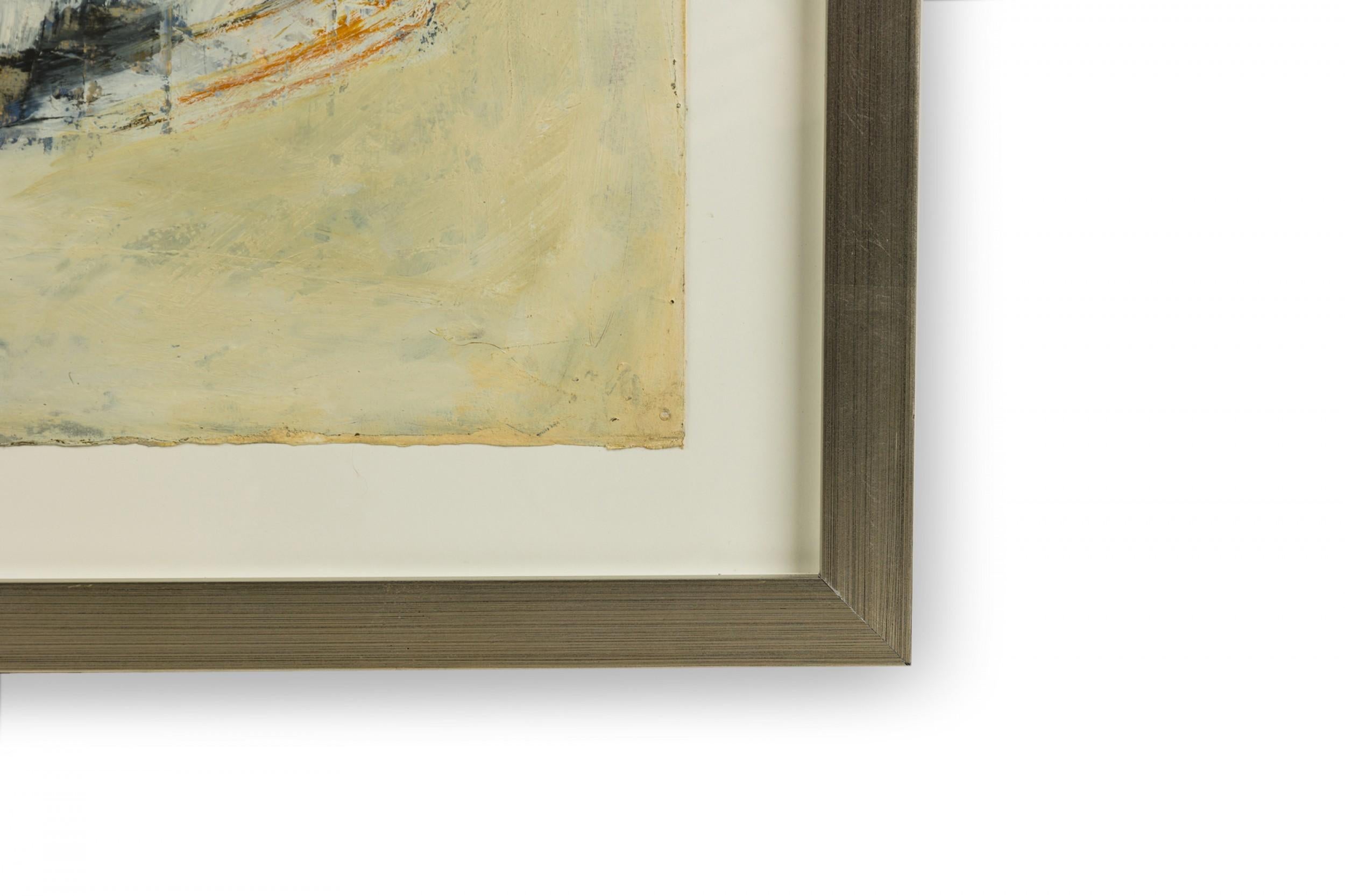 Art abstrait américain d'après-guerre, peinture à l'huile d'un champ de couleur jaune avec des formes sombres dans un cadre argenté.