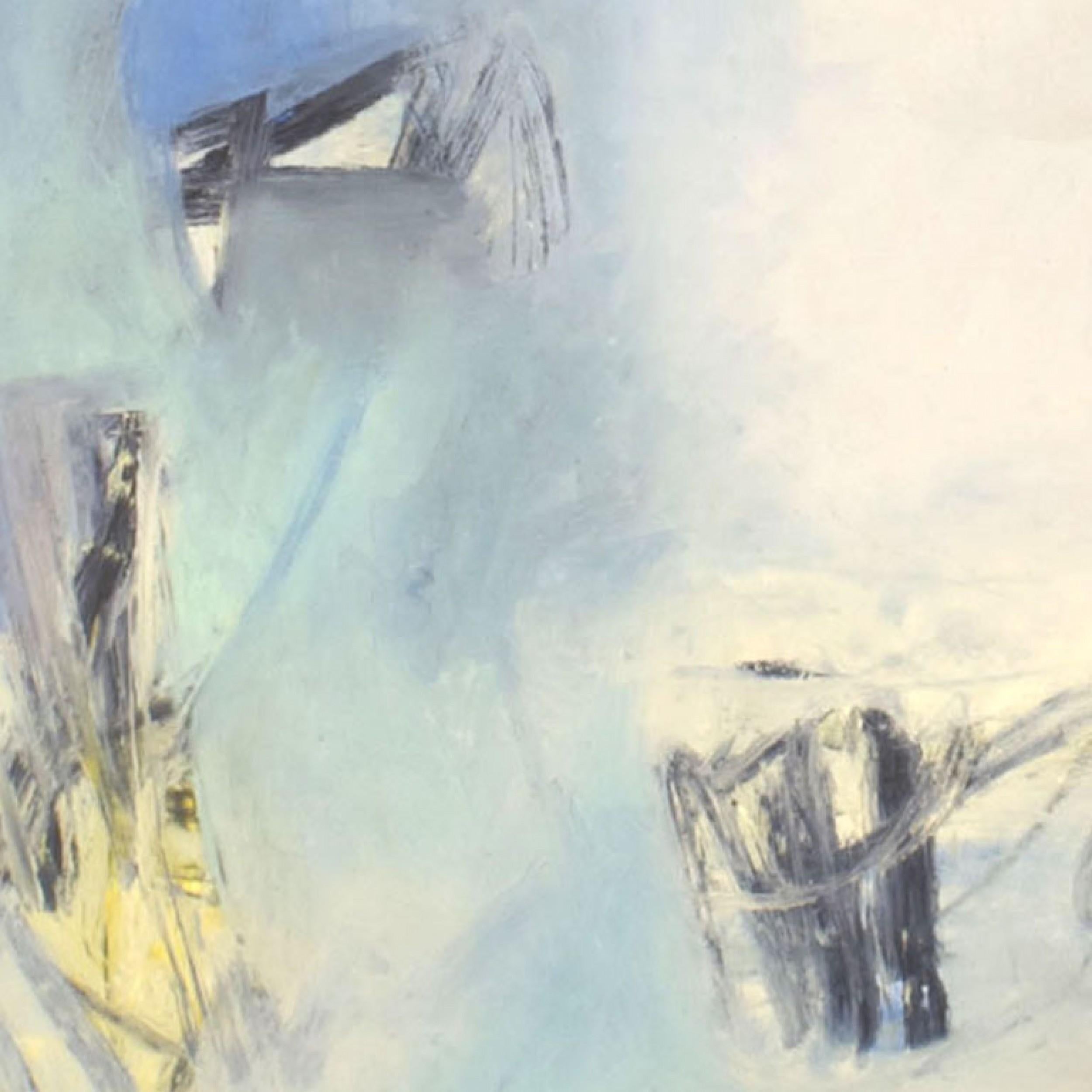 Art abstrait américain d'après-guerre, peinture à l'huile avec des nuances de couleurs allant du vert au bleu en passant par le gris dans un cadre noir.