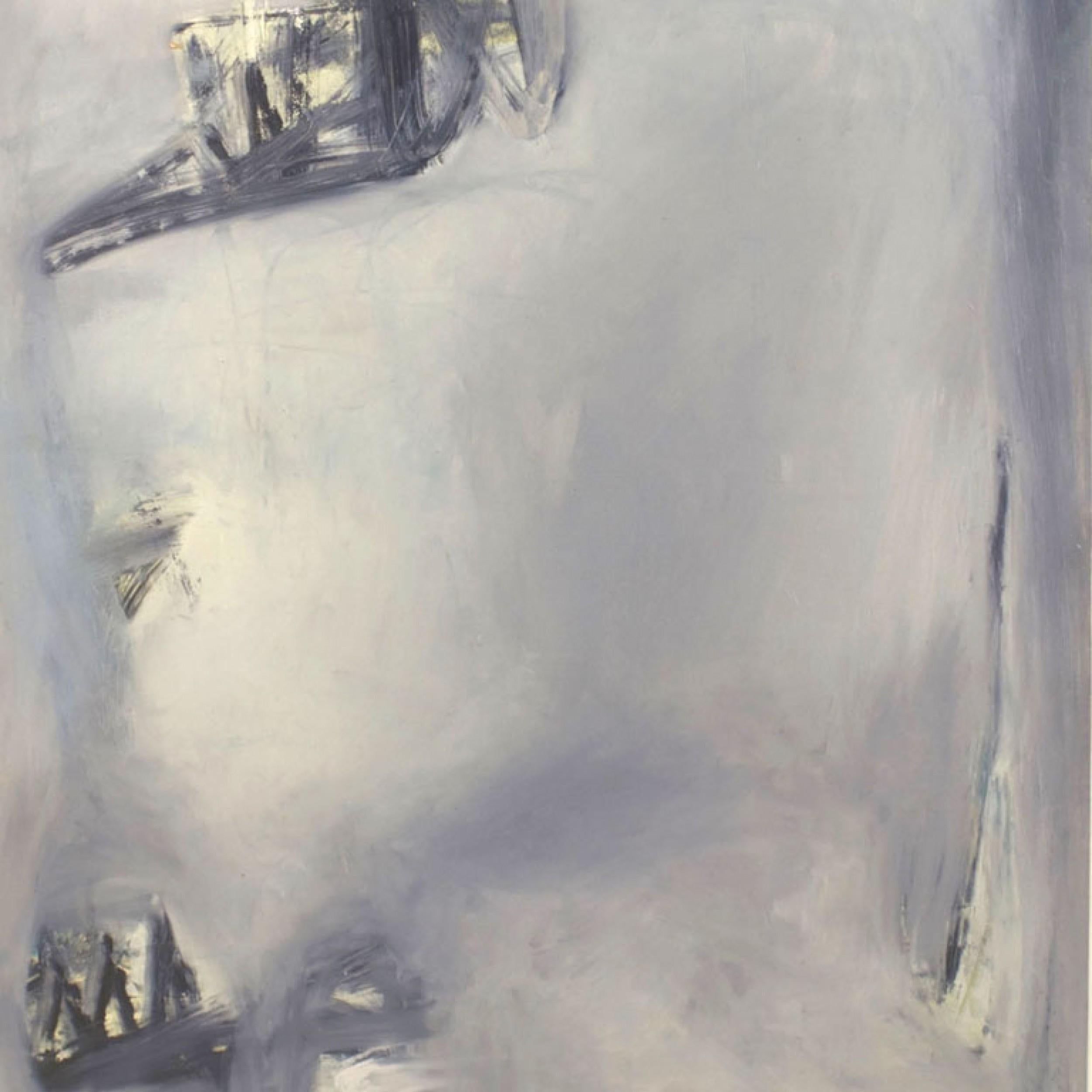 Art abstrait américain d'après-guerre, peinture à l'huile d'un champ à dominante grise avec des accents plus sombres dans un cadre noir.